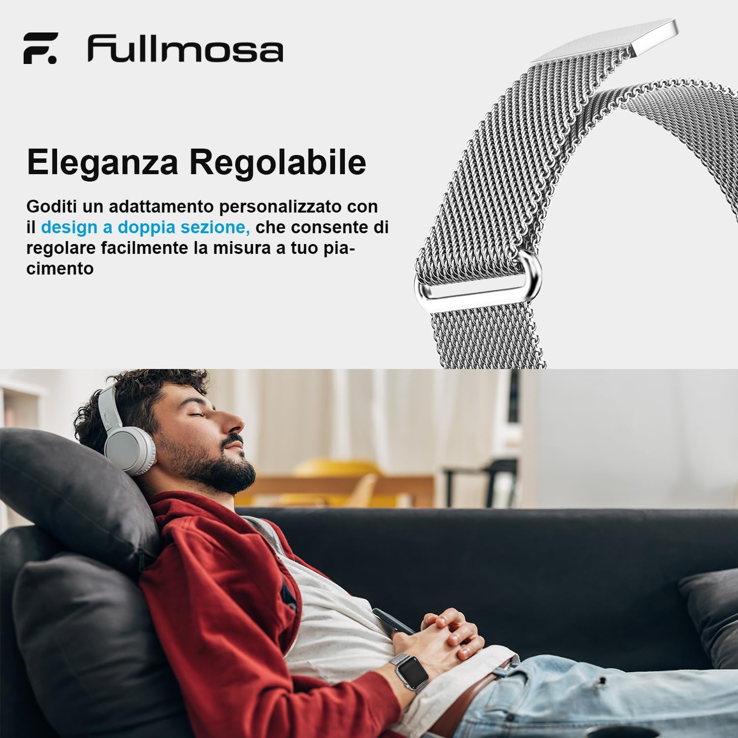 Detalle de Fullmosa Cinturino Metallo Compatibile Apple Watch – 44/46/45/42/49 mm, Acciaio Inossidabile, Argento