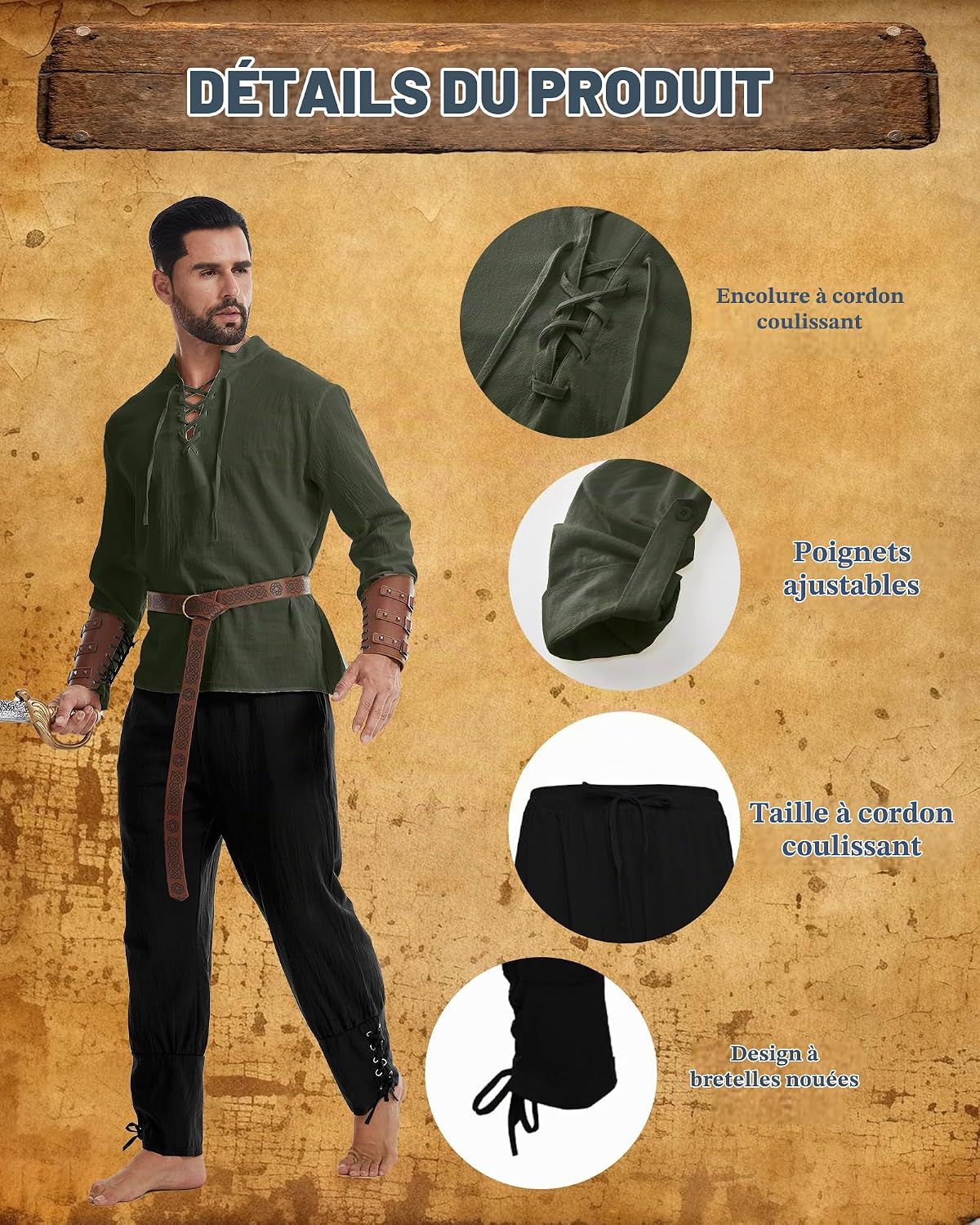 Detalle 2 de QEKFDOV middeleeuws kostuum voor heren met hemd, broek en accessoires