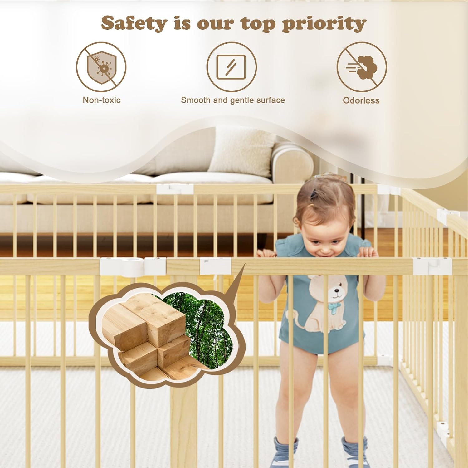 Detalle 2 de JimberBay Foldable Wooden Baby Playpen with Safety Gate, Natural Wood