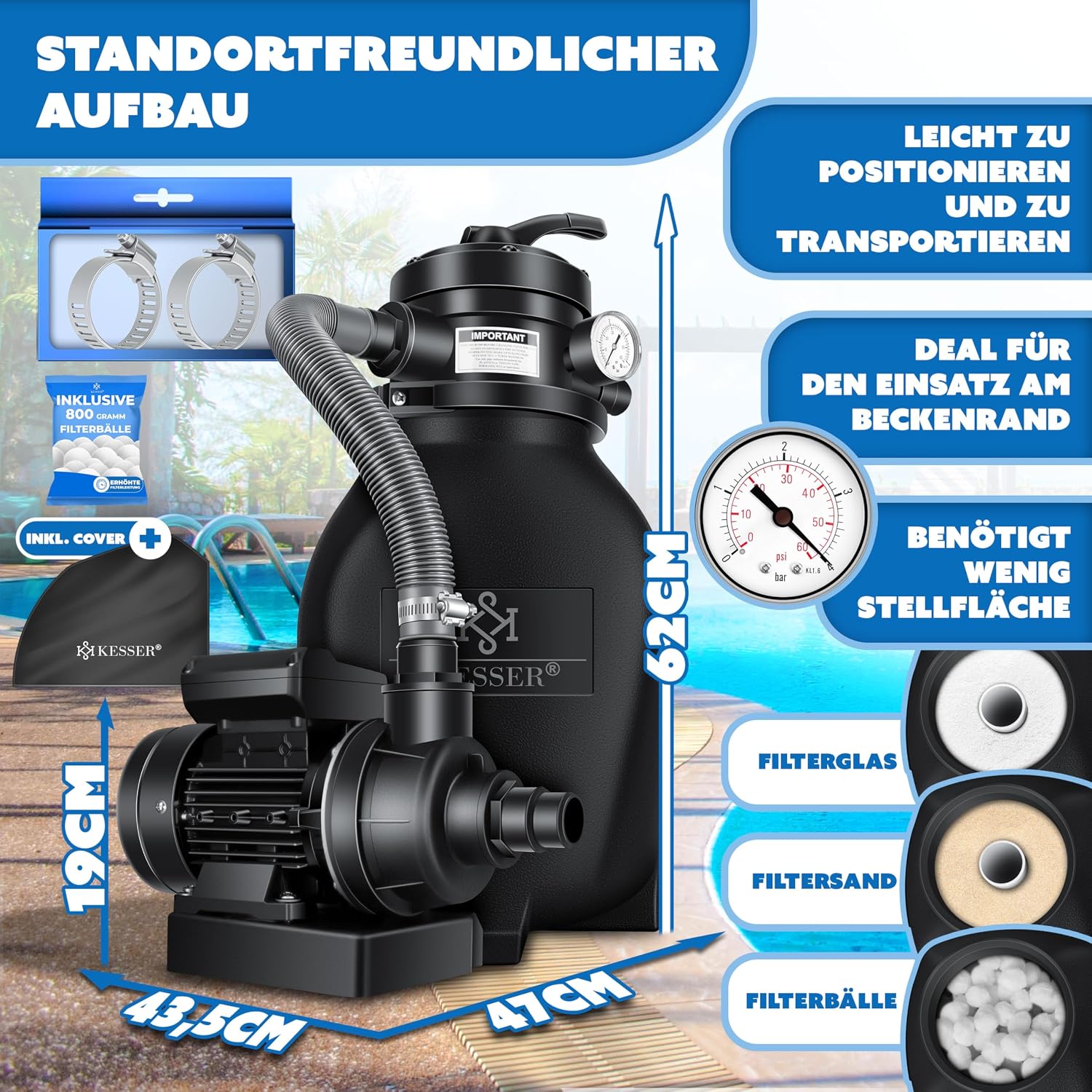 Thumbnail 1 de KESSER® Sandfilteranlage Sandfilteranlage+ (bis zu 20 kg Sand) mit 4-Wege-Ventil, 800 g Filterbälle – für Pools bis 10 m³/h