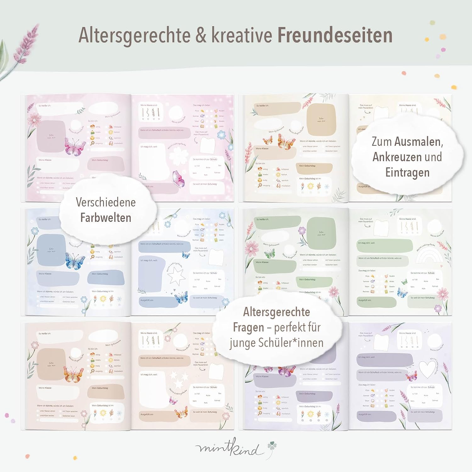 Detalle 2 de mintkind Schulfreundebuch Blumen 21x21 cm Hardcover – Platz für 30 Freunde, dickes 150 g Papier, Geburtstagskalender und Extras