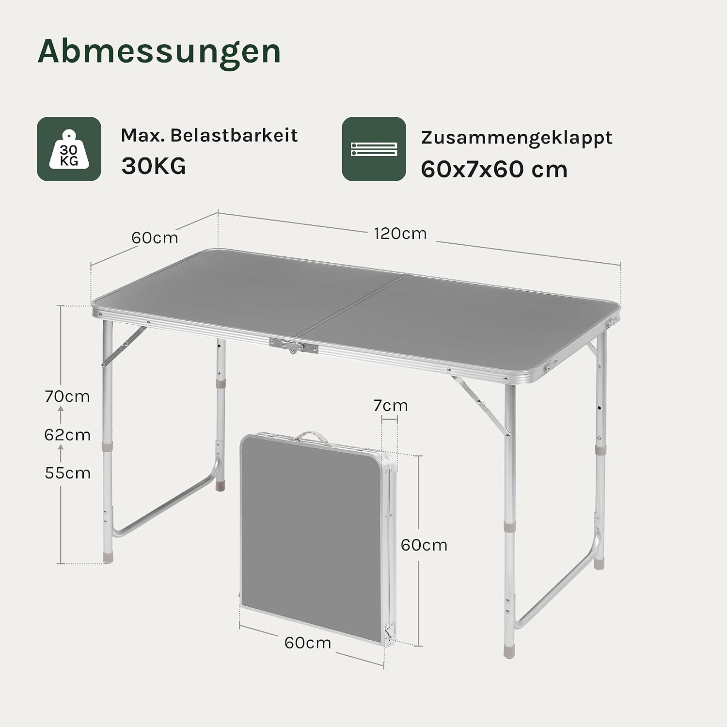 Detalle de WOLTU Campingtisch Klapptisch 120x60 cm – höhenverstellbar, Aluminiumrahmen & MDF-Platte