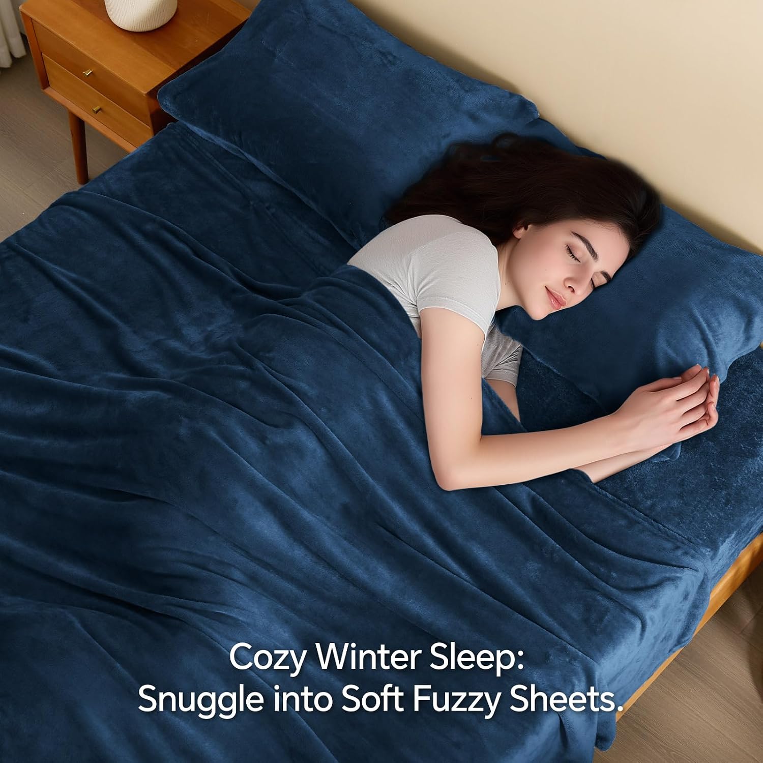 Detalle de BEDELITE Full-Size Flannel Sheet Set, Navy Polyester Fleece, 16-Inch Pocket
