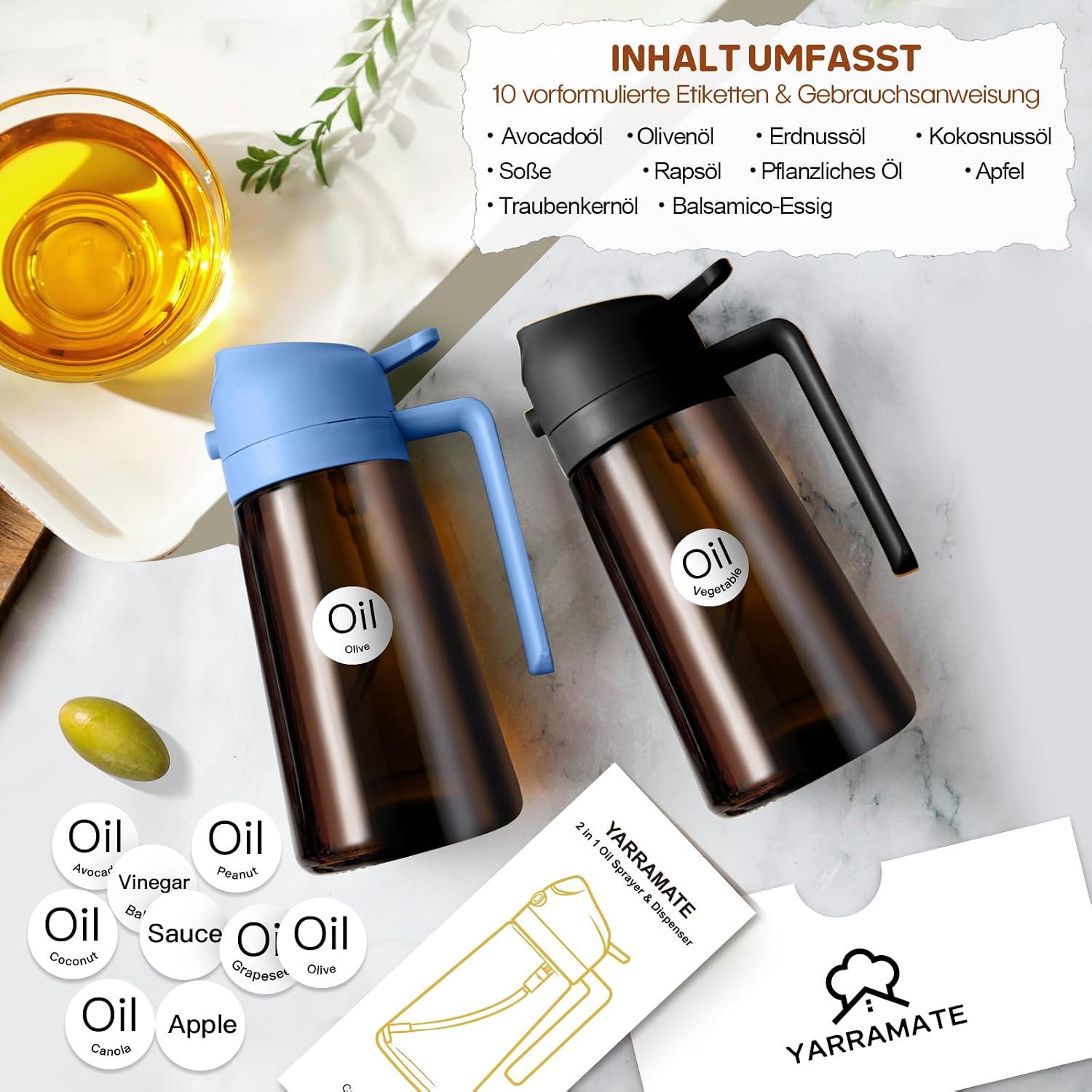 Detalle de YARRAMATE 470 ml Ölsprüher zum Kochen (2-in-1) mit UV-Schutz, bernsteinfarbenem Glas und Sprüh-/Gießfunktion