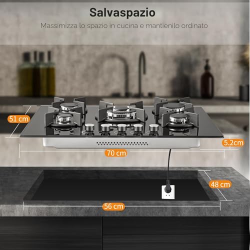 Detalle 2 de SNDOAS Piano Cottura 5 Fuochi 70 cm Nero – 10400 W, accensione elettronica e conversione GN/GPL