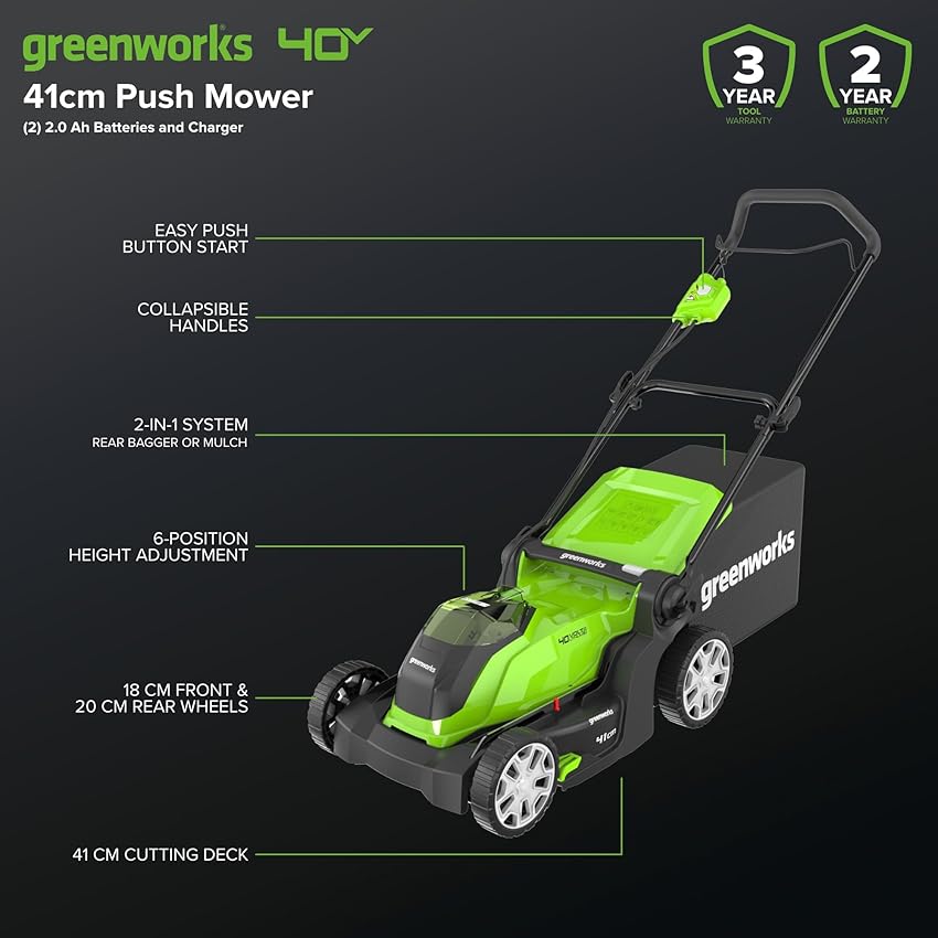 Detalle 2 de Greenworks G40LM41K2X Cortacésped 41 cm, 50 L
