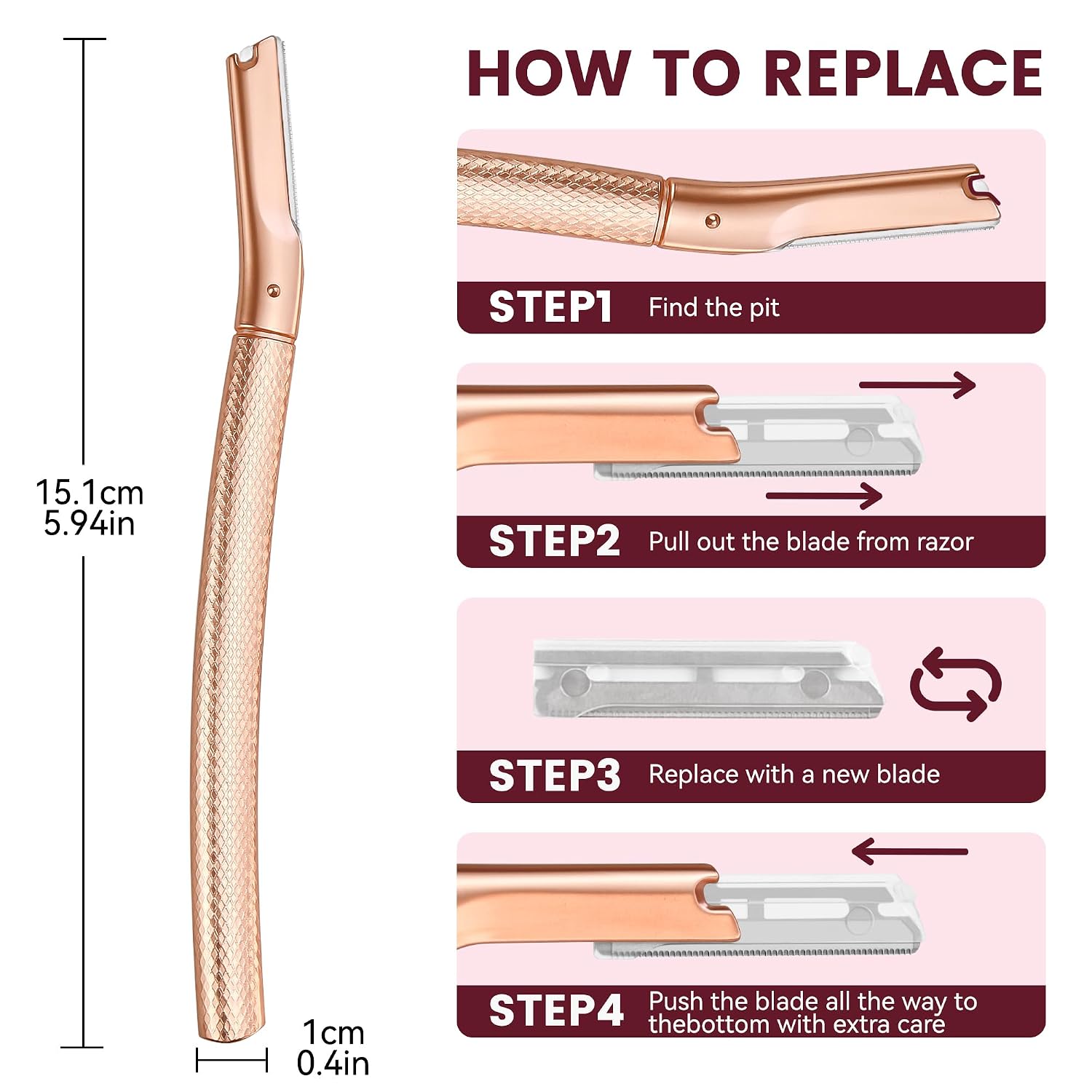 Detalle de Rose Gold Eyebrow & Face Dermaplaning Razor with 12 Refill Blades (Women’s Facial Hair Remover)
