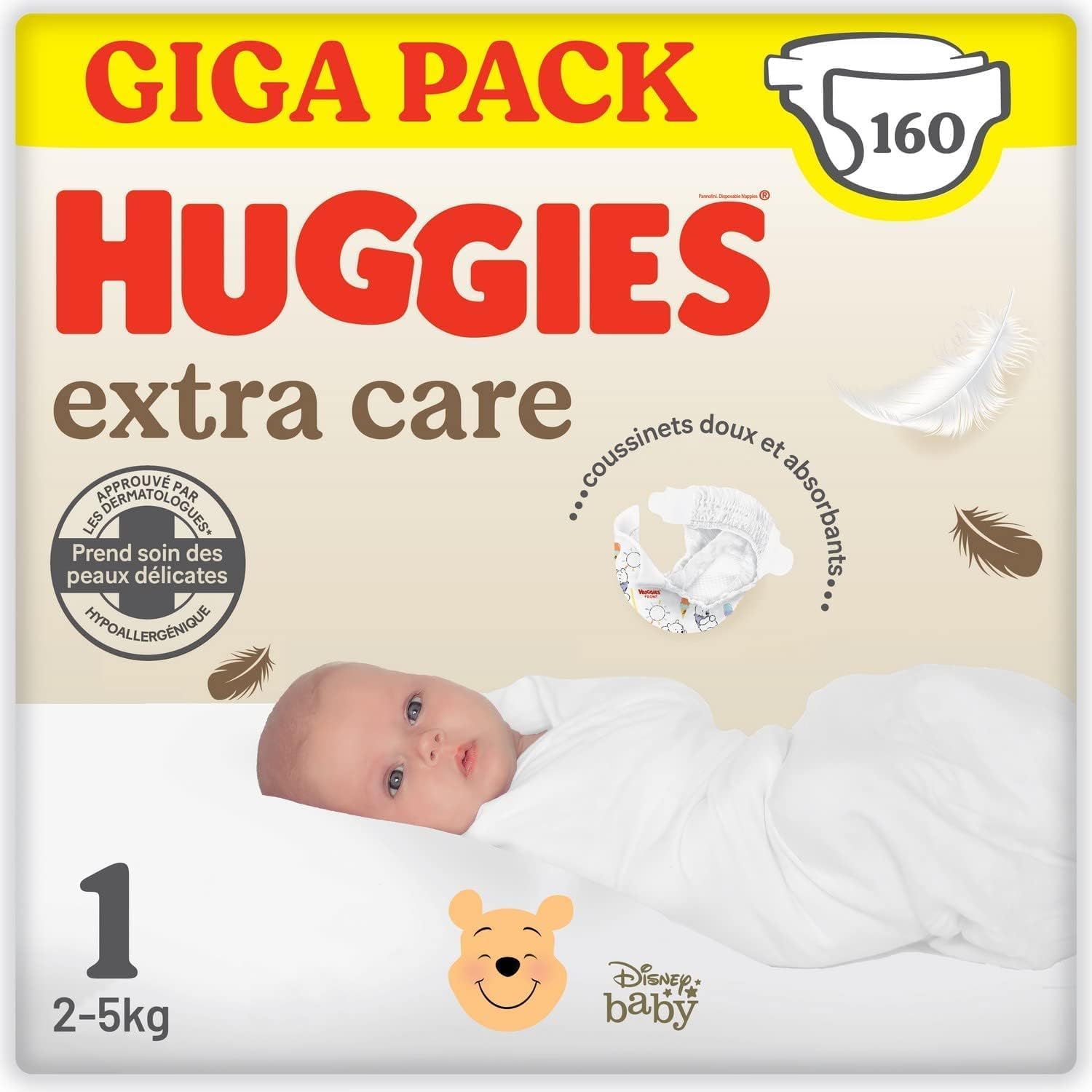 Detalle de Huggies ExtraCARE Bébé – 4 paquets de 40 couches, taille 1 (2–5 kg) – sans parfum