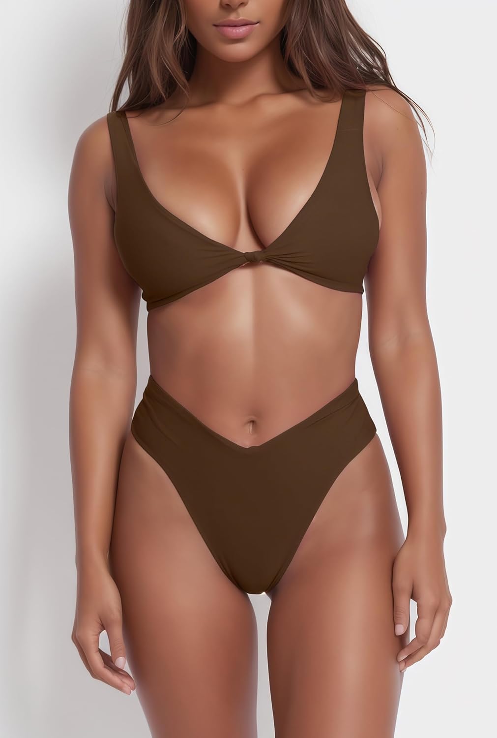 Thumbnail 1 de geluboao Women’s Solid V-Neck Knot Front Push-Up High Leg Thong Bikini Set