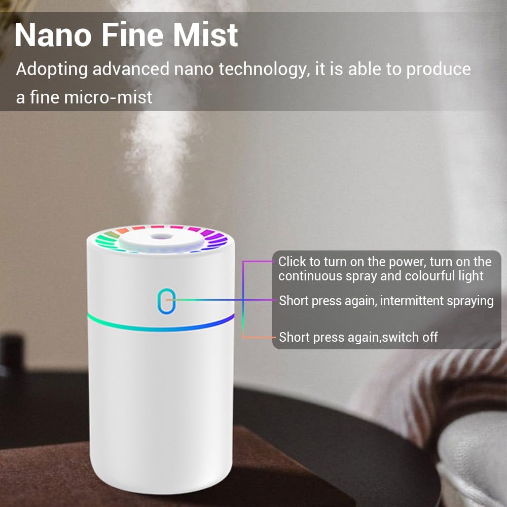 Detalle de Mist Humidifier 230ml Personal Humidifier with Colourful Lights – USB Diffuser for Home, Office and Car