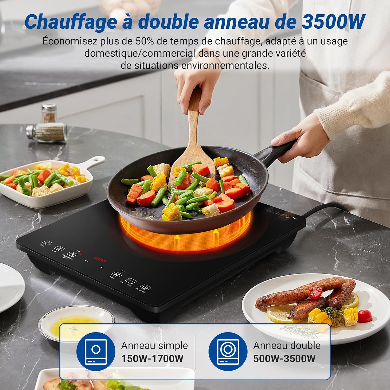 Detalle de AMZCHEF Plaque à Induction 3500W à double anneau — contrôle précis et sécurité renforcée