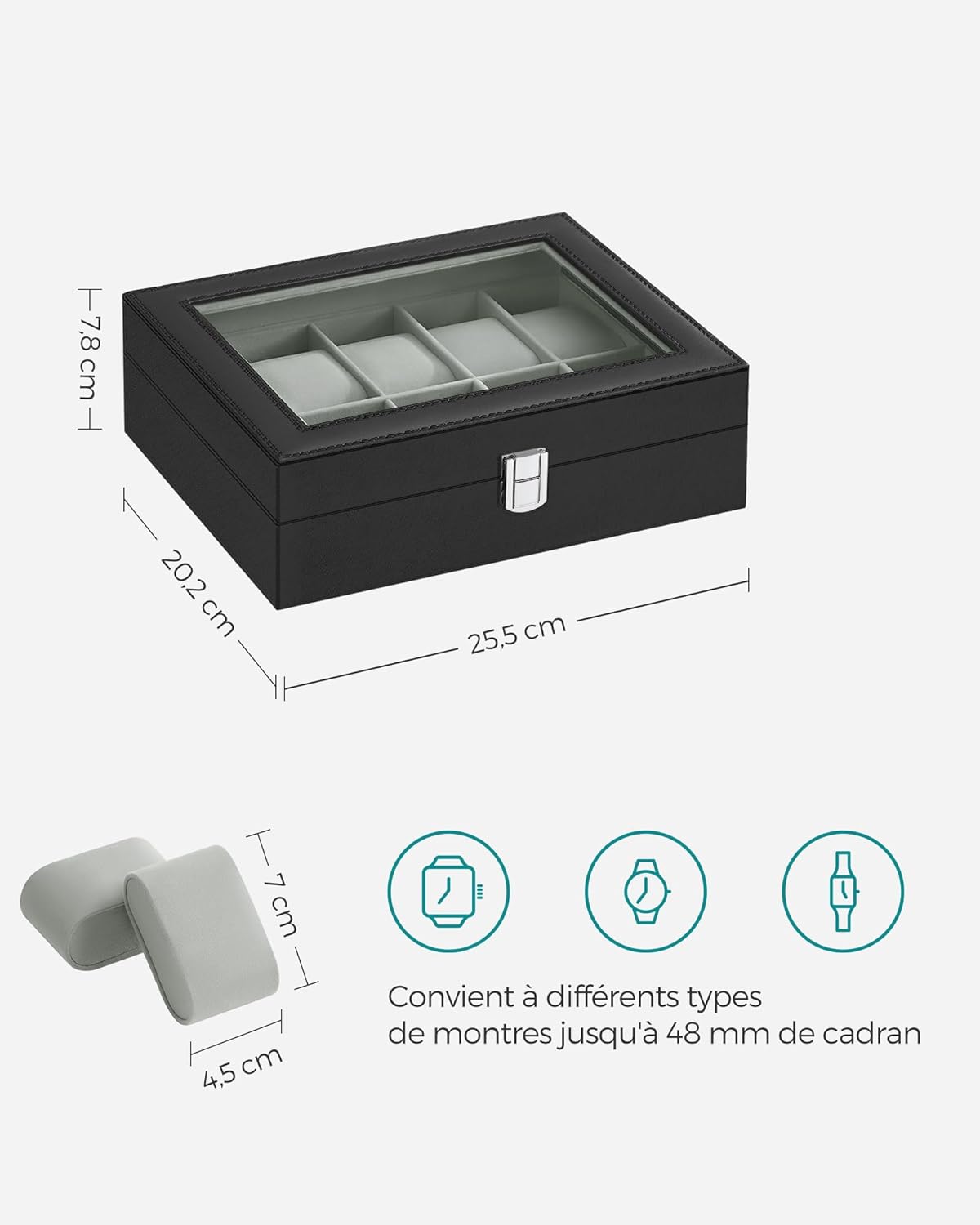 Thumbnail 5 de SONGMICS Boîte à Montres 10 Emplacements JWB010BK — Coffret élégant avec couvercle en verre et intérieur velouté