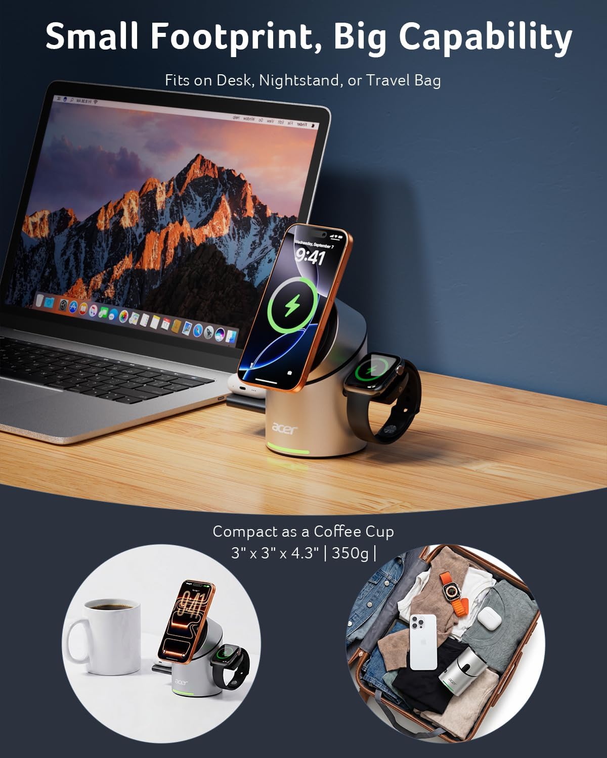 Detalle de Acer 3-in-1 wireless charging station with aluminum alloy