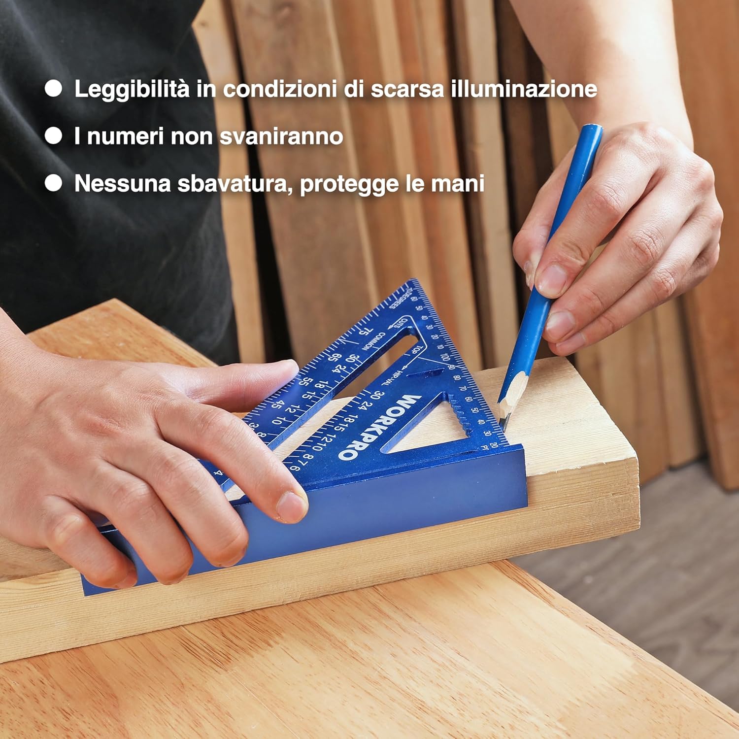 Thumbnail 6 de WORKPRO Squadra da falegname multifunzione 180 mm – Righello triangolare in alluminio, 45°-90°, blu