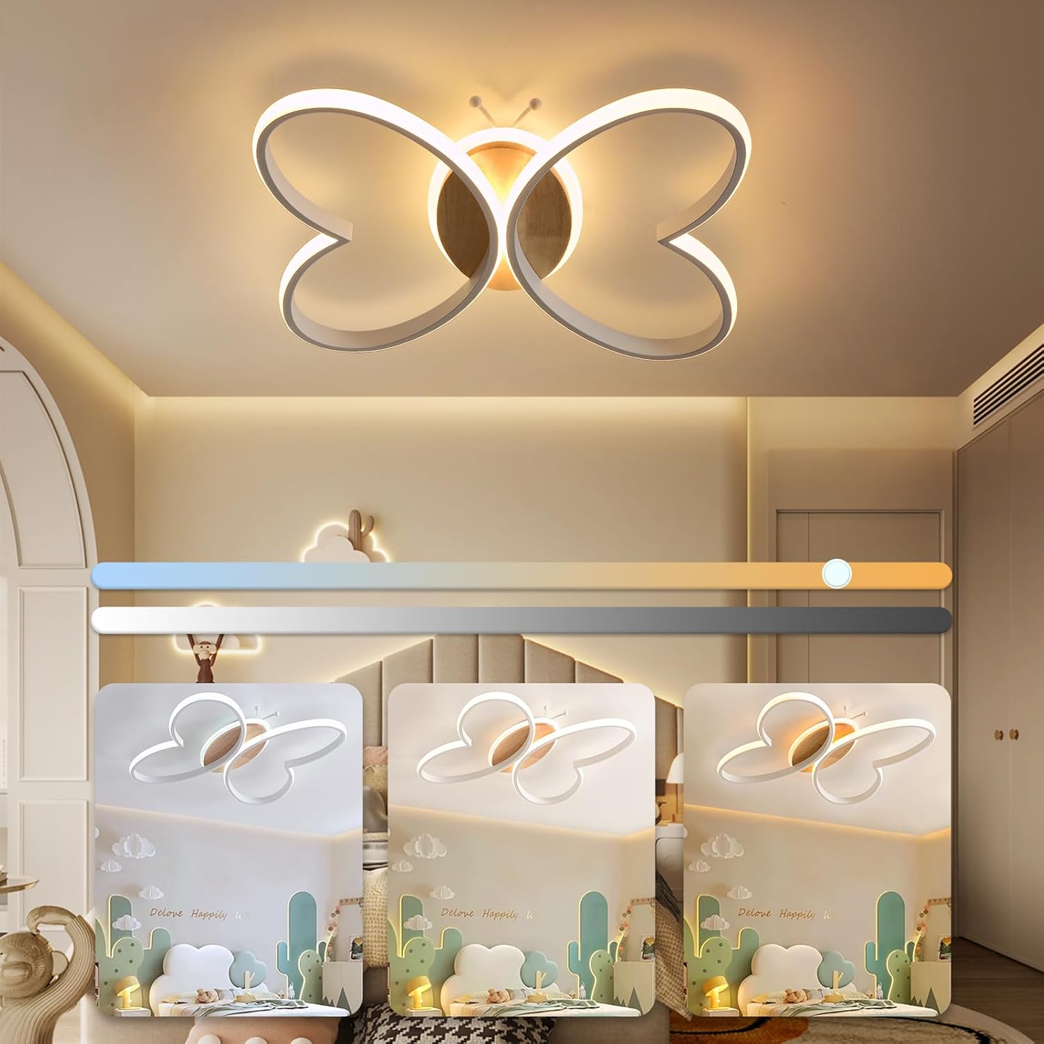 Detalle de LED Deckenleuchte Schlafzimmer mit Schmetterling-Design, 40W, 38 cm, dimmbar per Fernbedienung und Nachtlichtfunktion