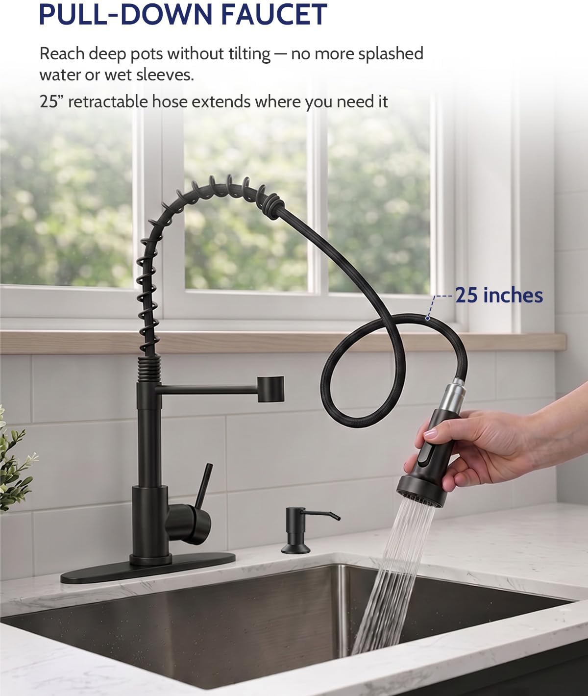 Detalle de LUFEIDRA LKF007D1S1MB Pull-Down Kitchen Faucet, Matte Black, Dual Spray