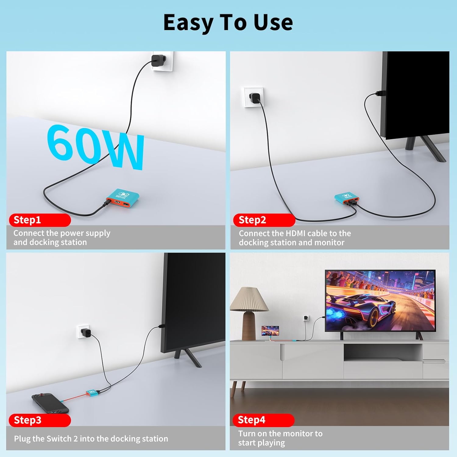 Thumbnail 5 de Reddening Switch 2 Dock with 60W Charger and HDMI Cable — Official-style replacement for NS2 Dock