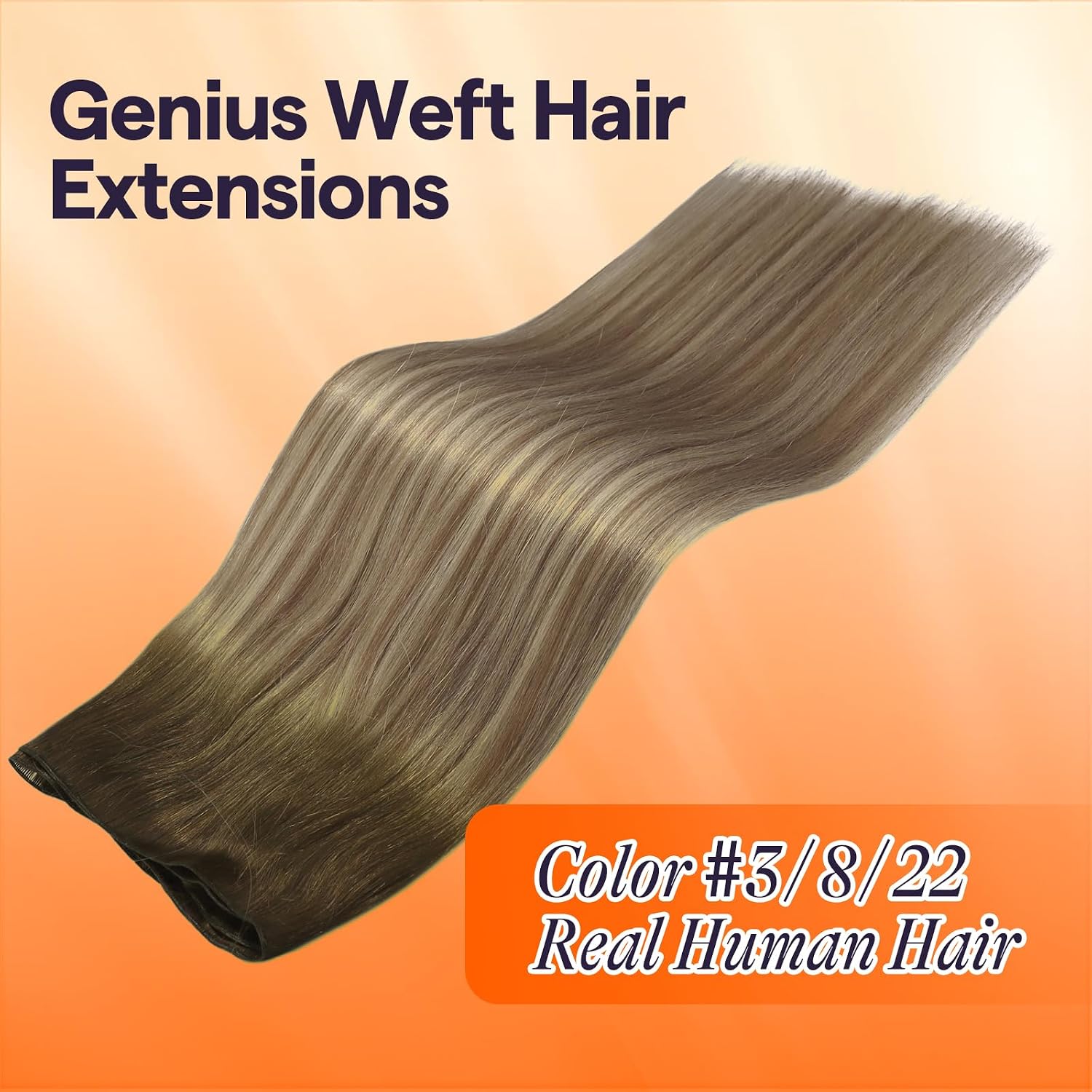 Detalle de Full Shine Weft Hair Extensions Human Hair Sew-In Hand-Tied (22 Inch, 60G) – Walnut Brown with Light Blonde Highlights