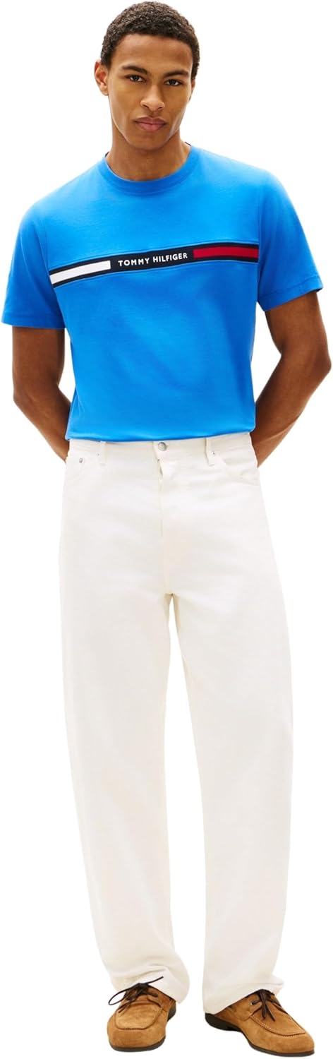 Detalle de Tommy Hilfiger Herren T-Shirt Kurzarm Rundhalsausschnitt – schlichtes Basic mit Label
