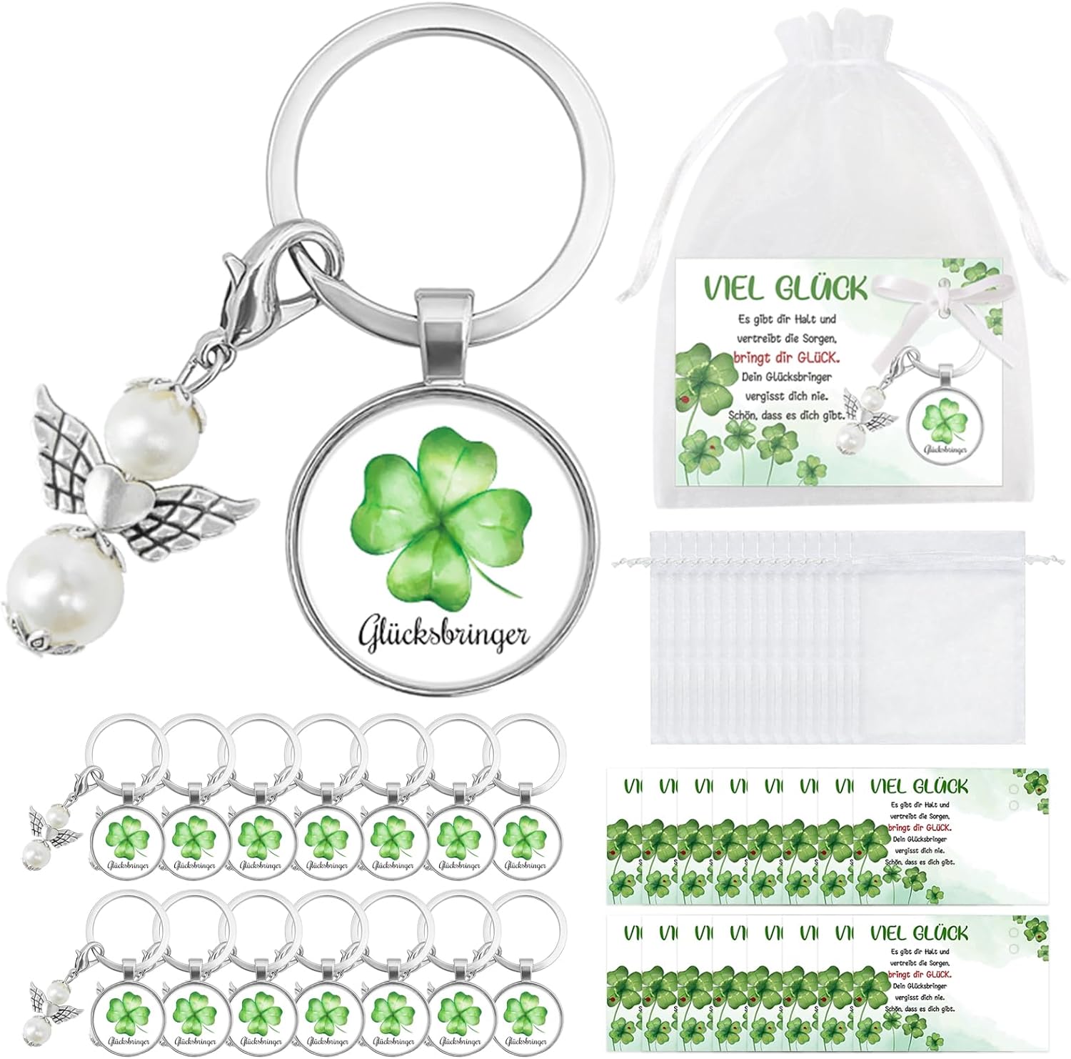 Detalle de Epaing 15er Glücksbringer Schlüsselanhänger Set – Vierblättriges Kleeblatt & Schutzengel als DIY-Geschenk