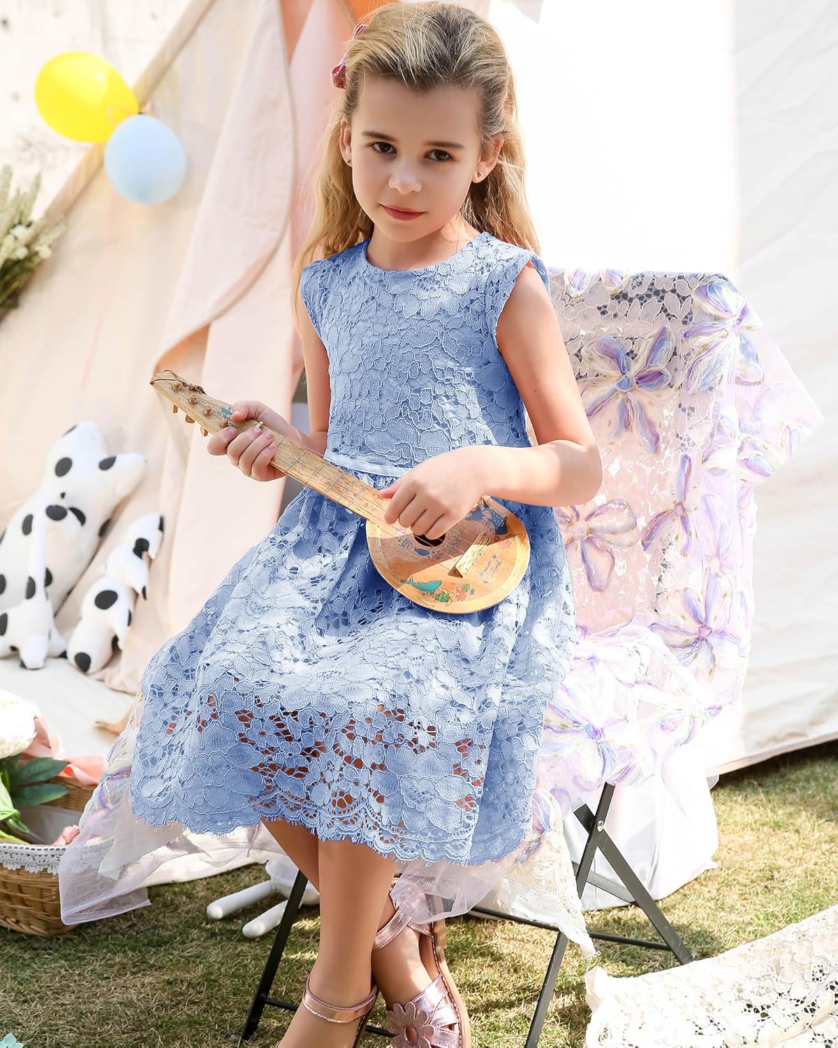 Detalle de ALLOVIN Kleid für Mädchen & Kleinkinder – Ostern Spitzenkleid mit Perlen-Schleife, A‑Linie, knielang, 2–12 Jahre