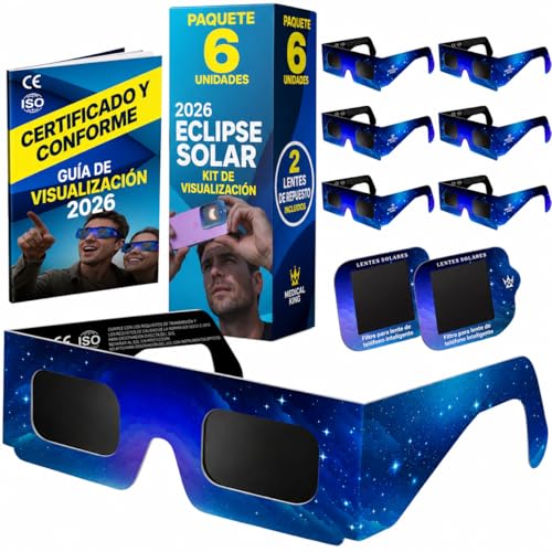 Detalle de Medical King: 6 Gafas Eclipse Solar Homologadas ISO 12312-2 - Pack con 2 Filtros para Smartphone