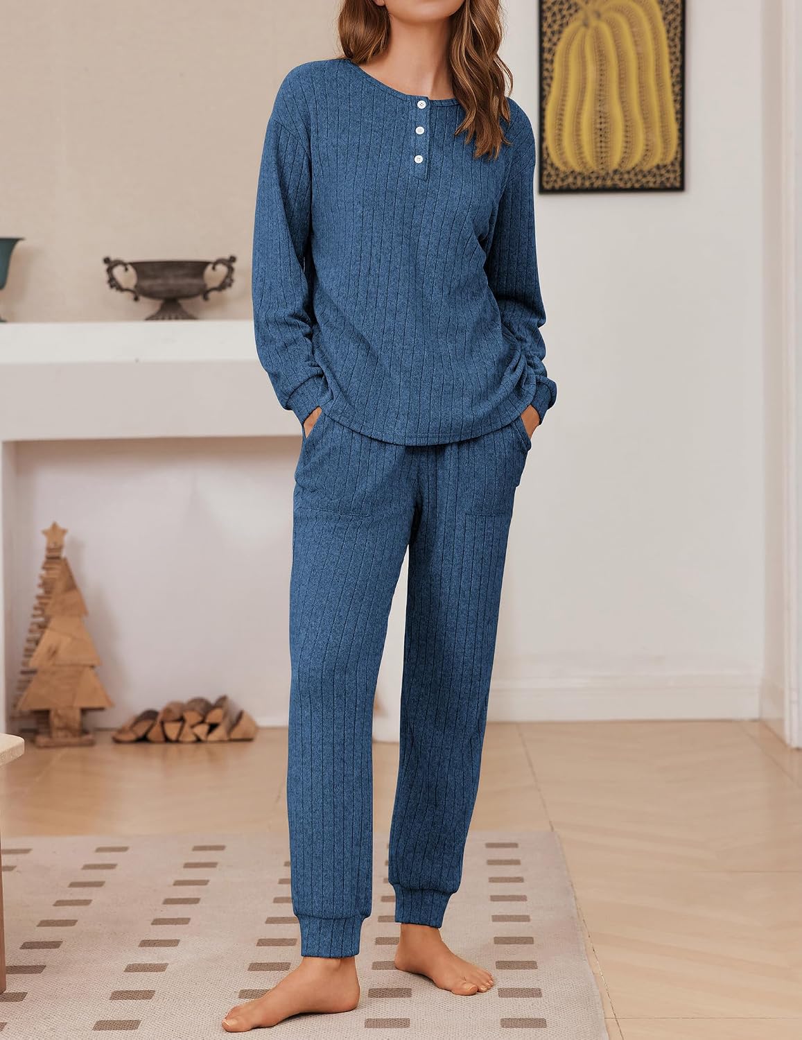 Detalle de Ekouaer Women's Pajama Set, Ribbed Knit