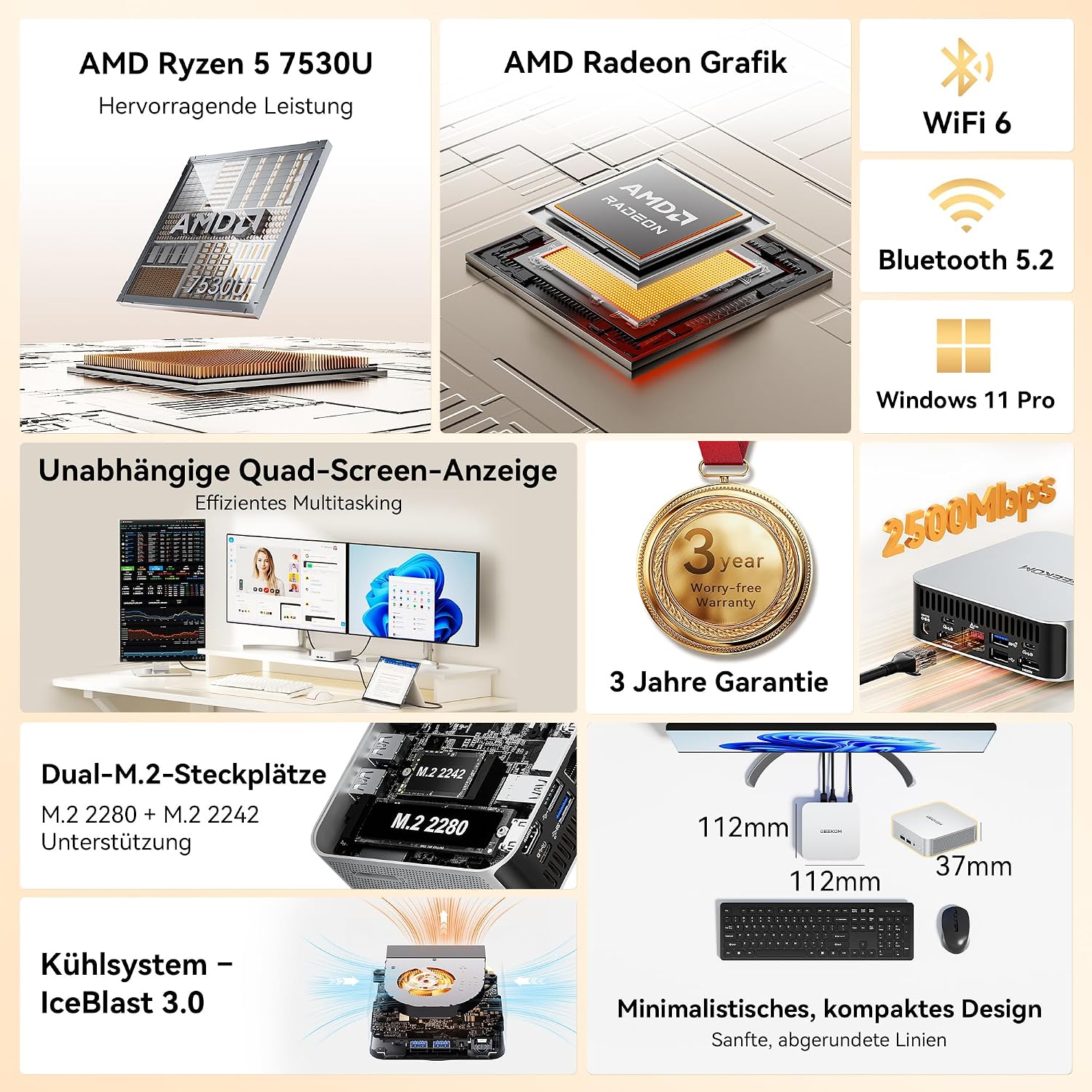 Detalle 2 de GEEKOM Mini PC A5 Pro 2026 Edition mit AMD Ryzen 5 7530U, 16 GB RAM und 1 TB SSD (Windows 11 Pro)
