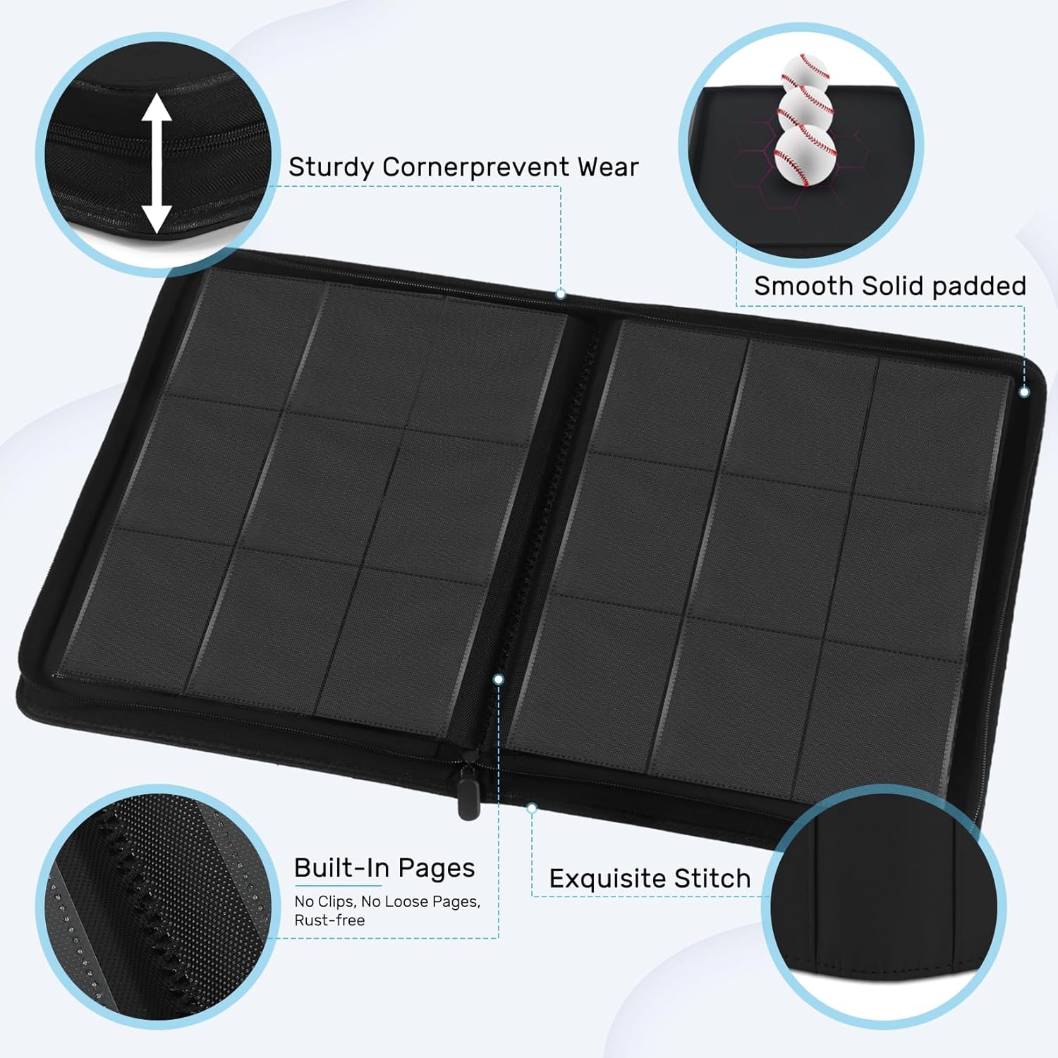 Thumbnail 3 de WITHYU 9 Taschen Sammelalbum für Karten mit 540 Kapazität (Seiteneinschub, Reißverschluss, wasserdicht) – Schwarz