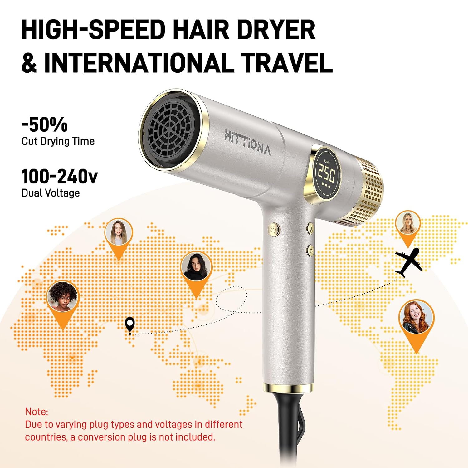 Thumbnail 1 de Dual Voltage Travel Hair Dryer with Magnetic Diffuser 2000W 💇♀