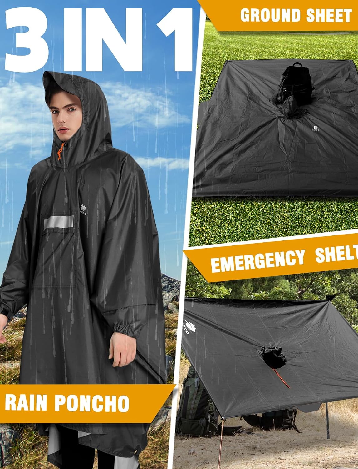 Thumbnail 6 de ANYOO Leichter wasserdichter Regenponcho mit Kapuze, Ripstop & Reflektoren – Einheitsgröße