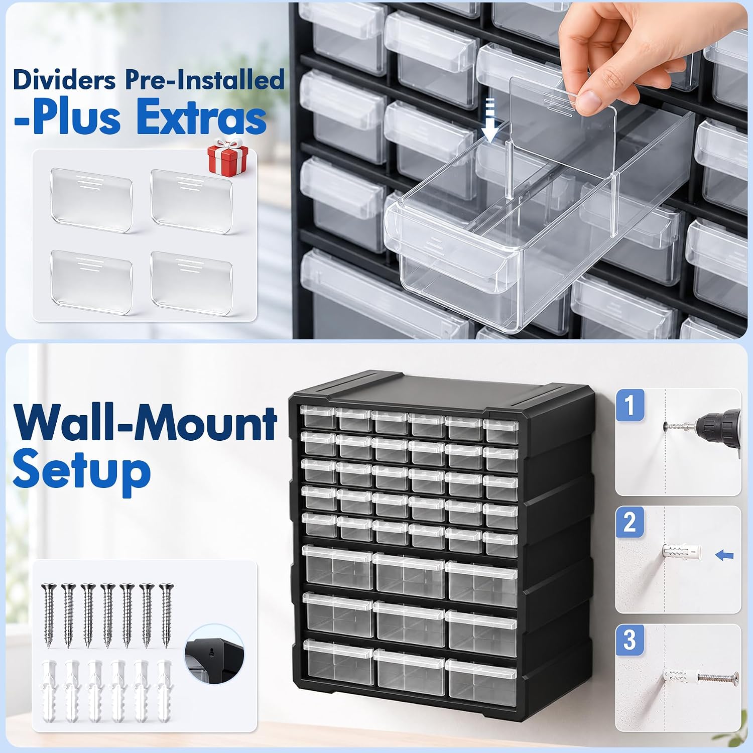 Detalle 1 de SSRTK HW001 Drawer Organizer with Mixed-Size Drawers, Dividers and Labels