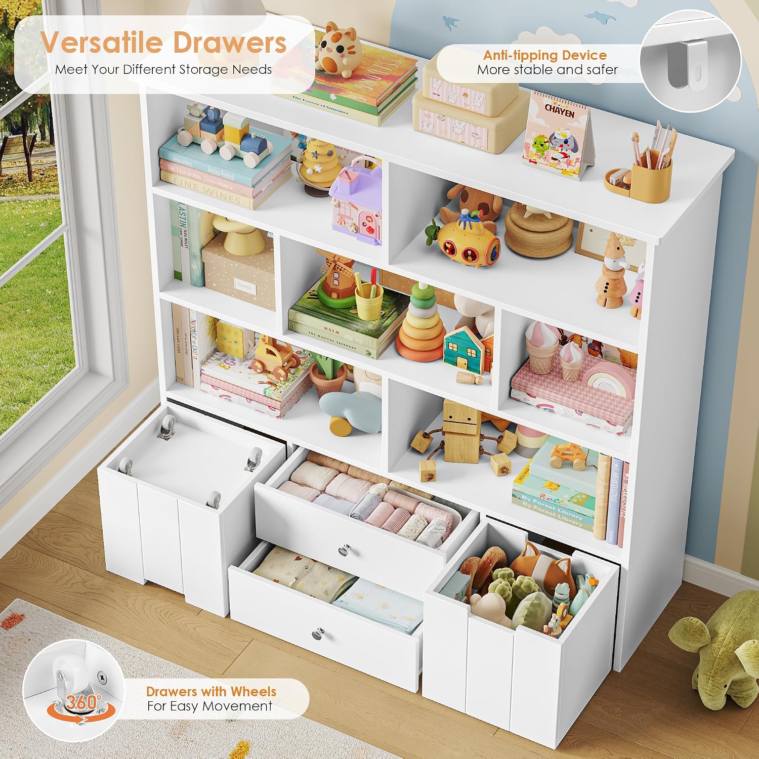 Detalle de FOREHILL M206 Kids’ Storage Unit, 7 Compartments and 4 Drawers, White
