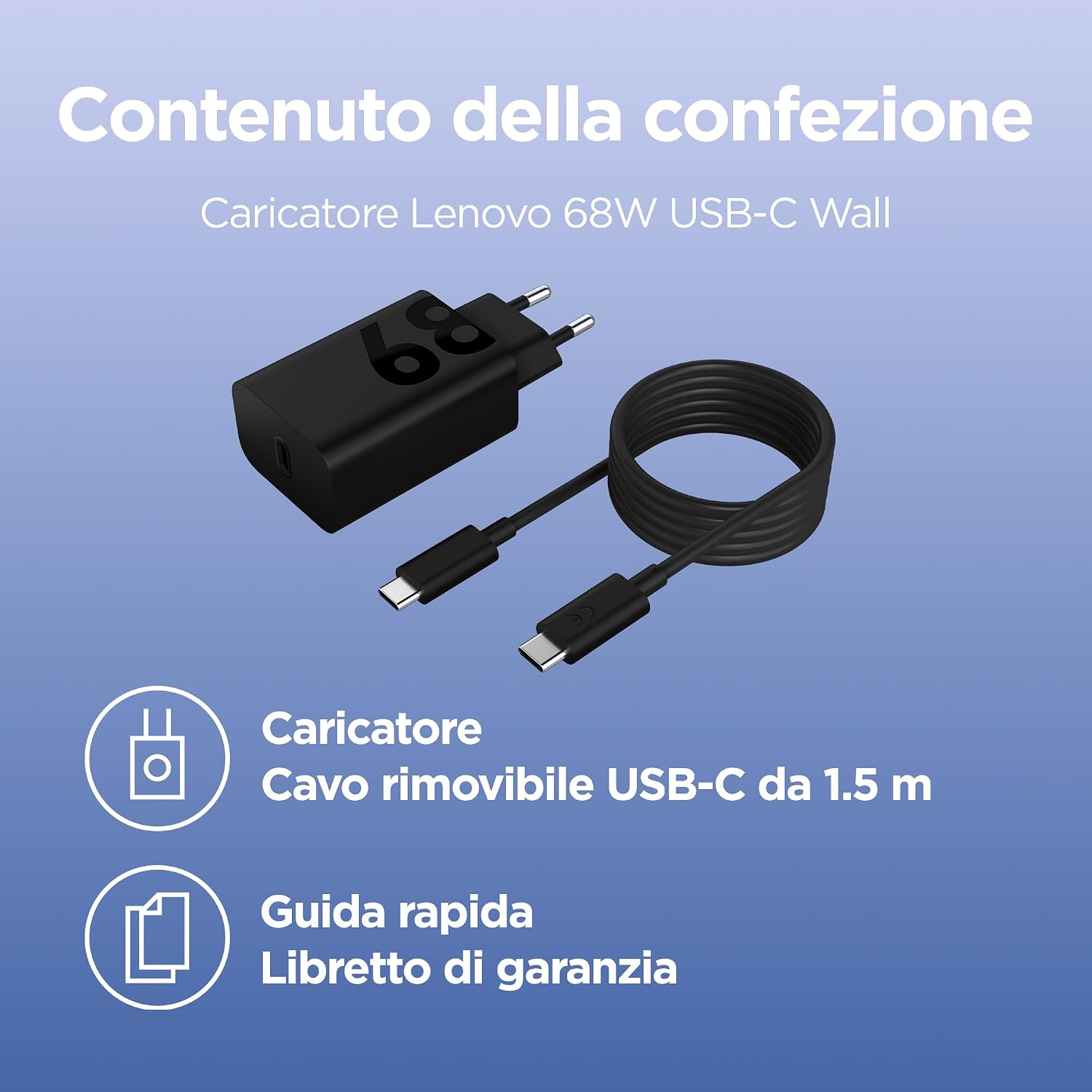 Detalle de Lenovo 68W USB-C GaN Wall Charger con cavo 1,5 m: potenza compatta per tablet, PC e dispositivi USB-C PD