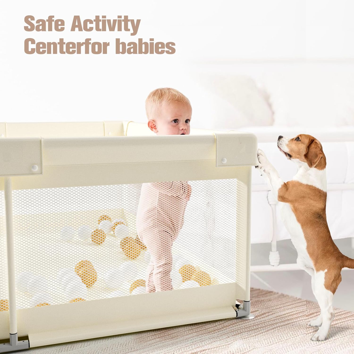 Detalle de ZEEBABA 59 x 59 in Baby Playpen, Beige, Tool-Free Assembly