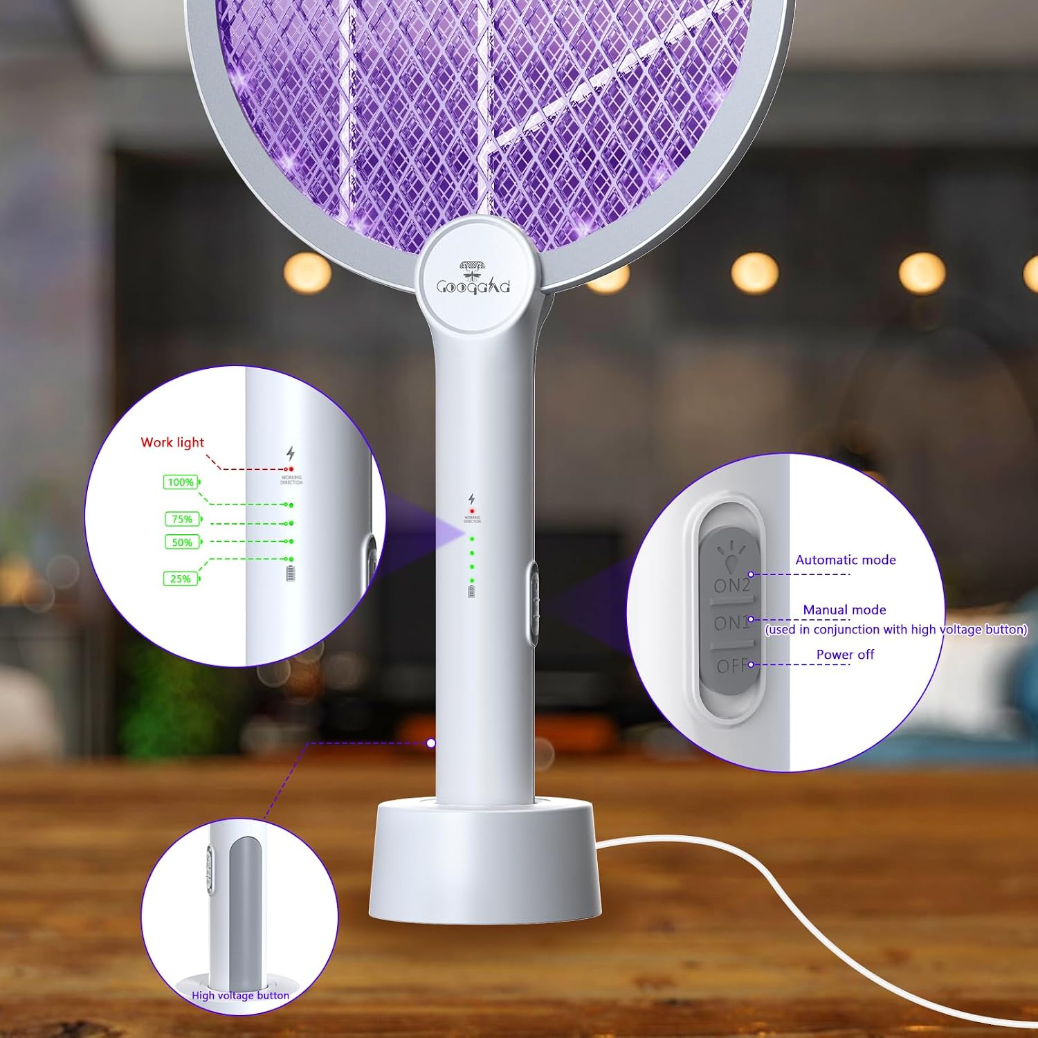 Detalle de GooQand Electric Fly Swatter 4000V Power — USB-C Rechargeable, 2-Mode Bug Zapper with 3-Layer Mesh