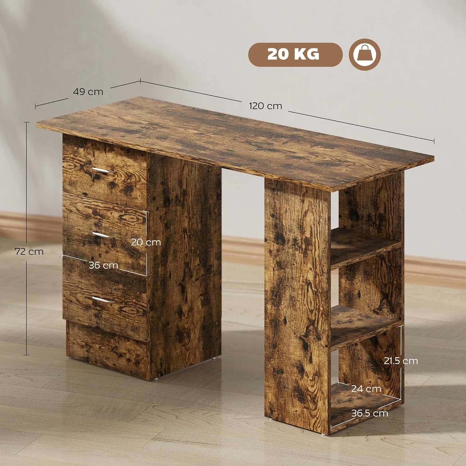 Thumbnail 2 de HOMCOM Computer Desk with Drawers (120 x 49 x 72 cm) in Rustic Brown