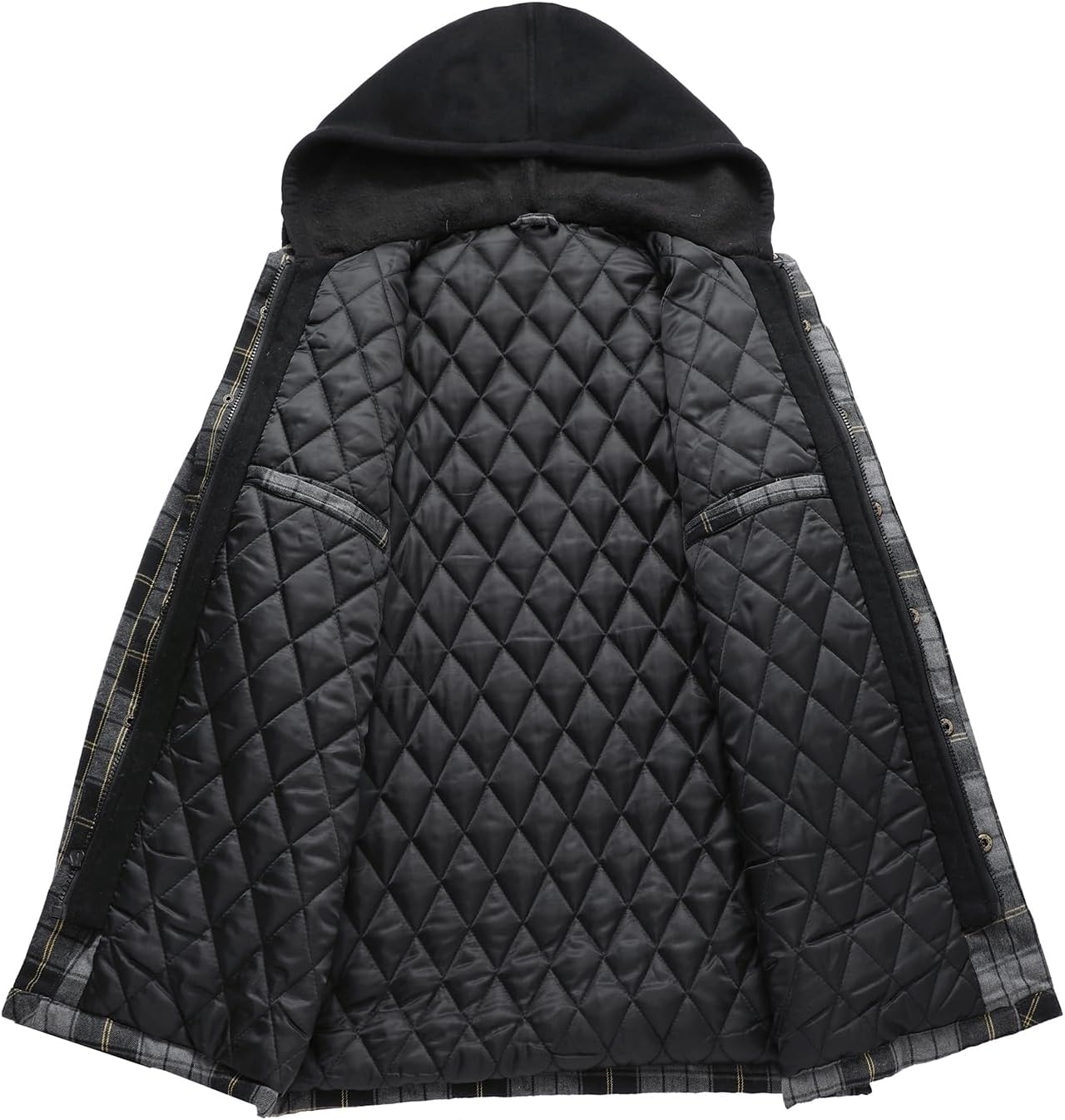 Detalle de ZENTHACE Z190628 Men's Quilted Hooded Plaid Jacket with Zip, Snaps & Six Pockets