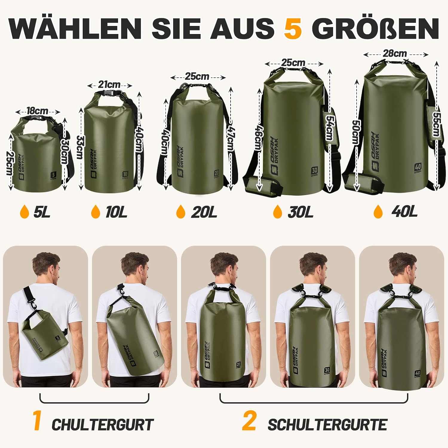 Detalle de OSAH DRYPAK Dry Bag: Wasserdichte Beutel mit Schultergurt und IPX8-Hülle für Kajak, Camping und Co. 5–55L