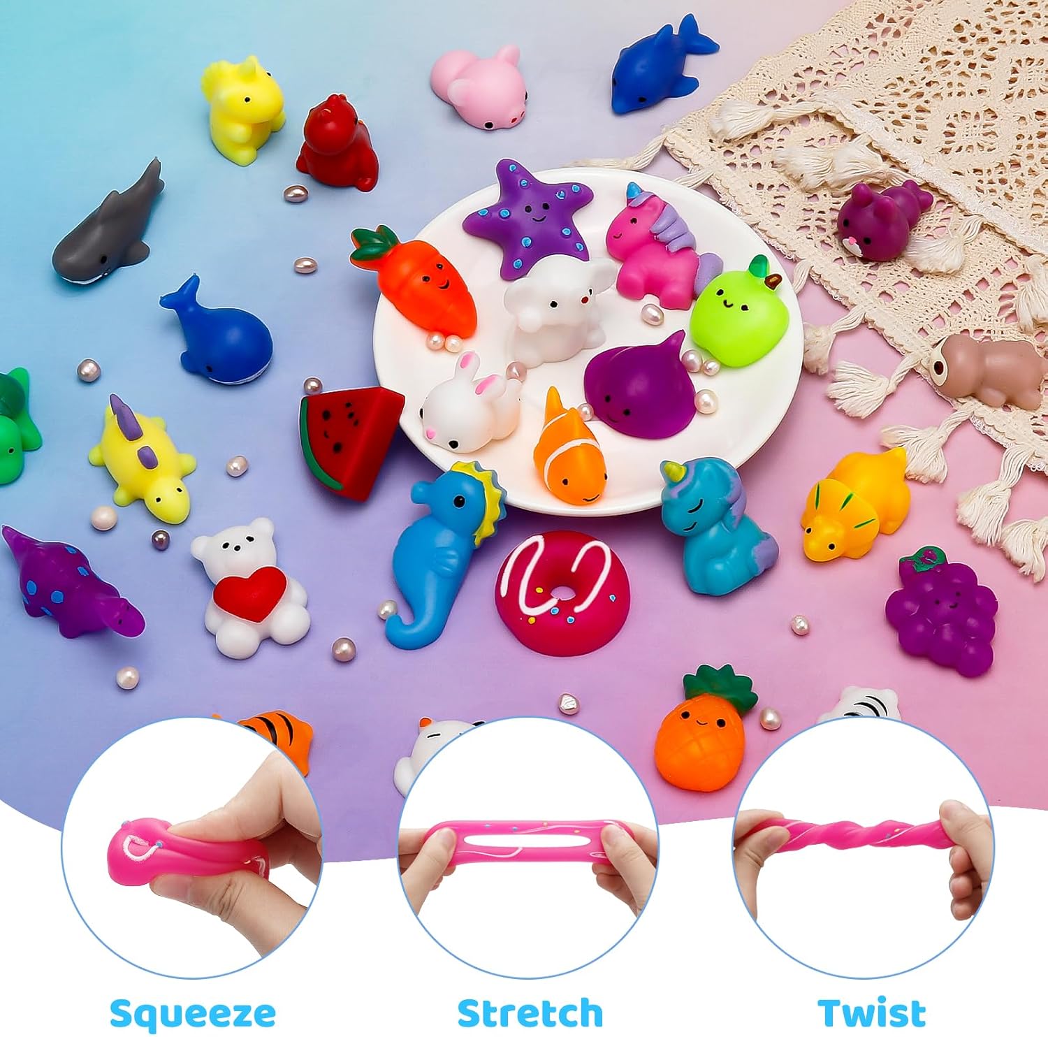 Detalle de 100 Pack Mochi Squishy Toys: Bulk Party Favors for Kids (4-12) and Classroom Prizes