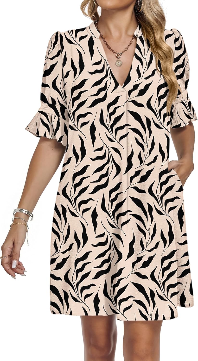 Detalle de AUSELILY Robe Femme Chic et Décontractée à Manches Courtes et Col V – Robe Chemise avec Poches