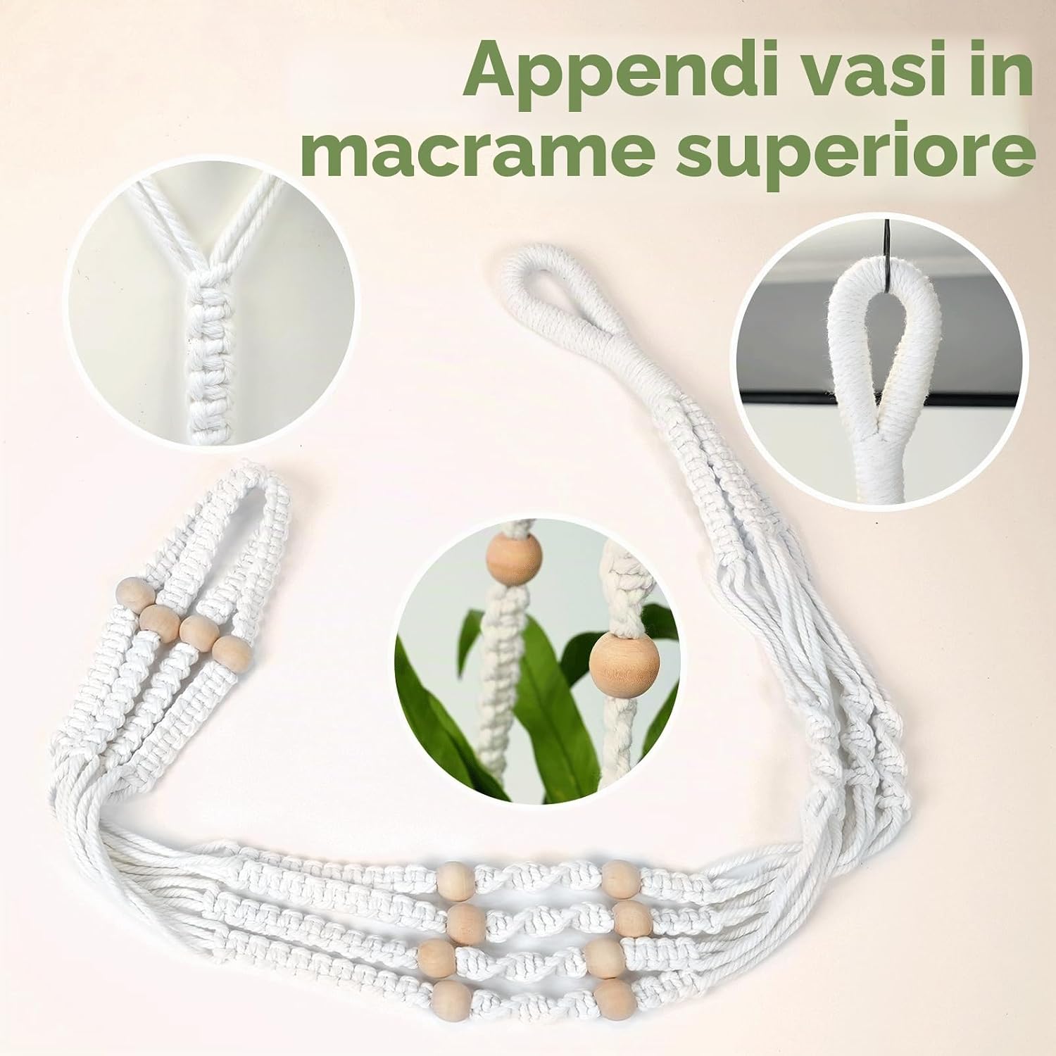 Detalle 2 de Bamworld Vasi Appesi e Portavasi per Piante in Macramé Boho — Portapiante Sospeso con Corda di Cotone, 85 cm