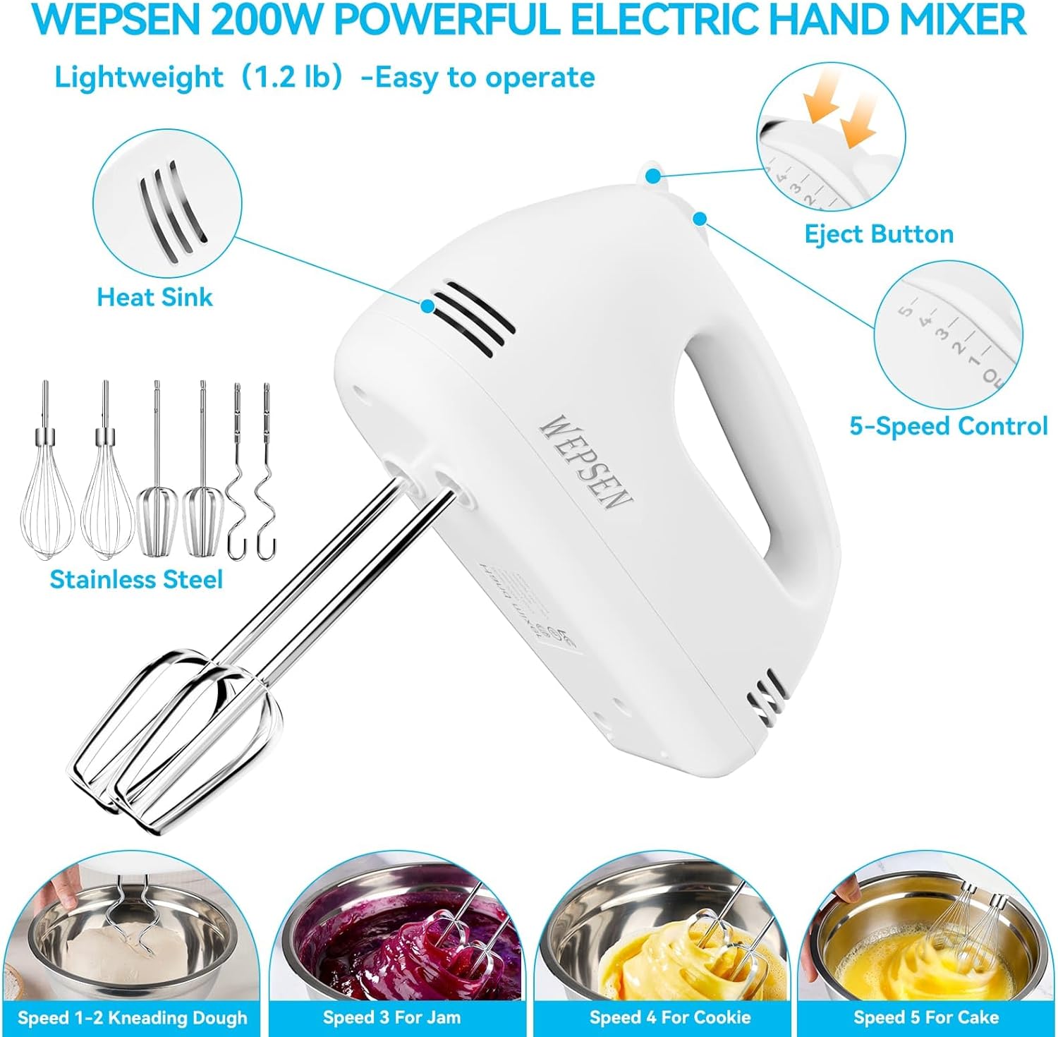 Detalle de WEPSEN Hand Mixer Set 200W, 5 speeds