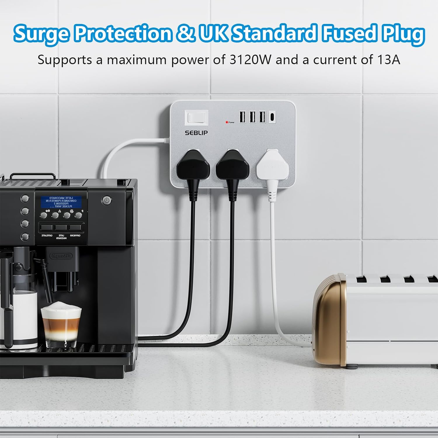 Thumbnail 3 de Extension Lead with 4 USB Slots, 3-Way Plug Extension Socket, 3m Extension Cable – Grey