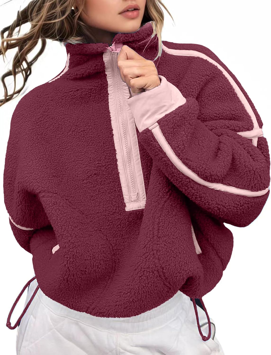 Detalle 2 de Kumufenc Women's Half-Zip Fleece Pullover with Cropped Fit and Pockets
