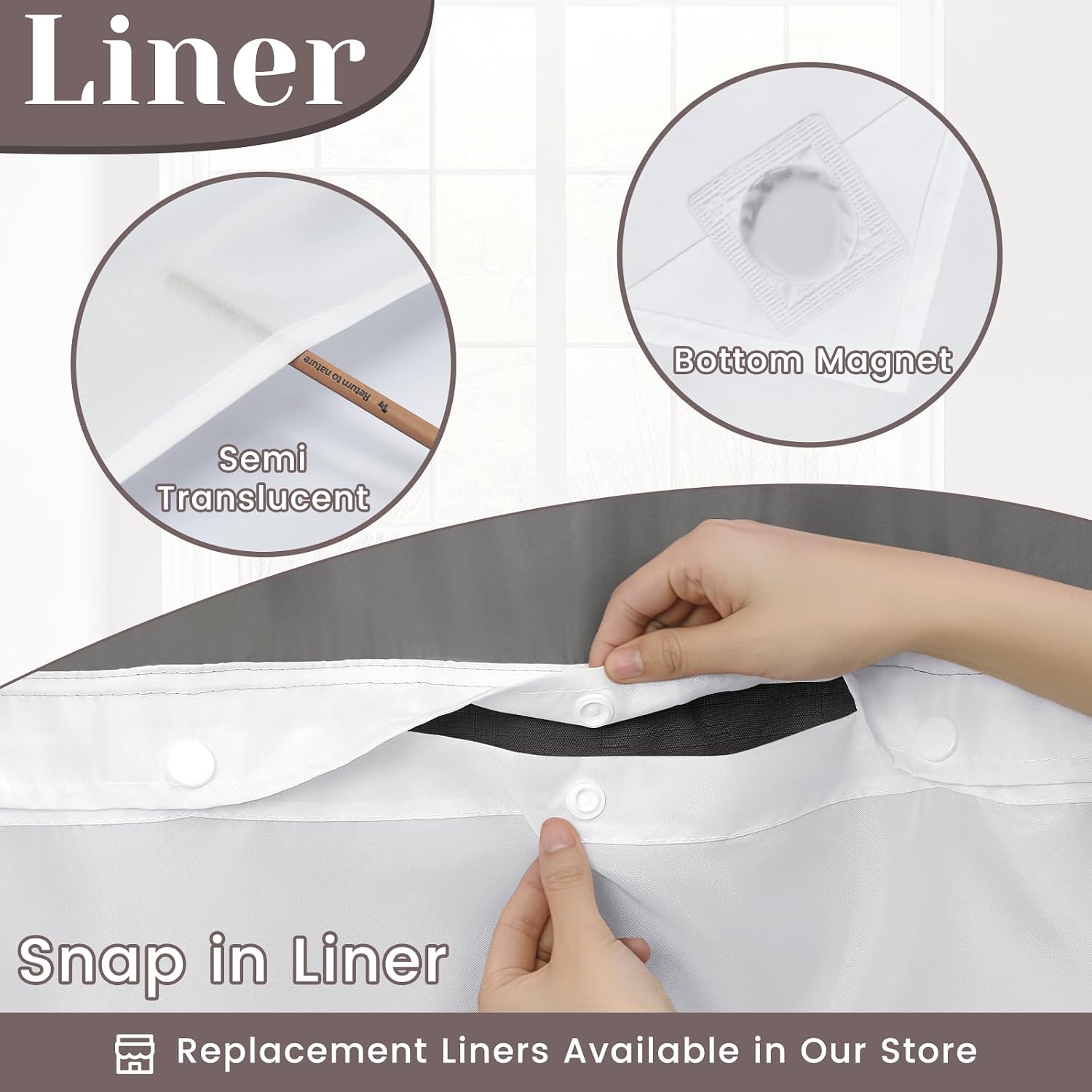Detalle 2 de SORTTO No Hook Slub Textured Shower Curtain with Snap in Liner — Black Fabric Outer Curtain + Waterproof Inner Liner (71x74 in)
