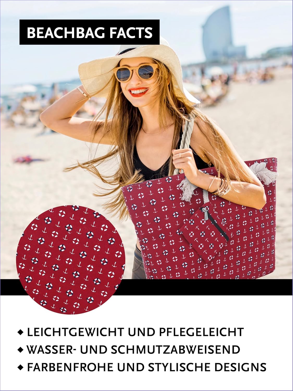 Thumbnail 3 de DonDon Strandtasche XXL mit Reißverschluss – Umhängetasche Damen, Shopper Beachbag mit Schulterriemen