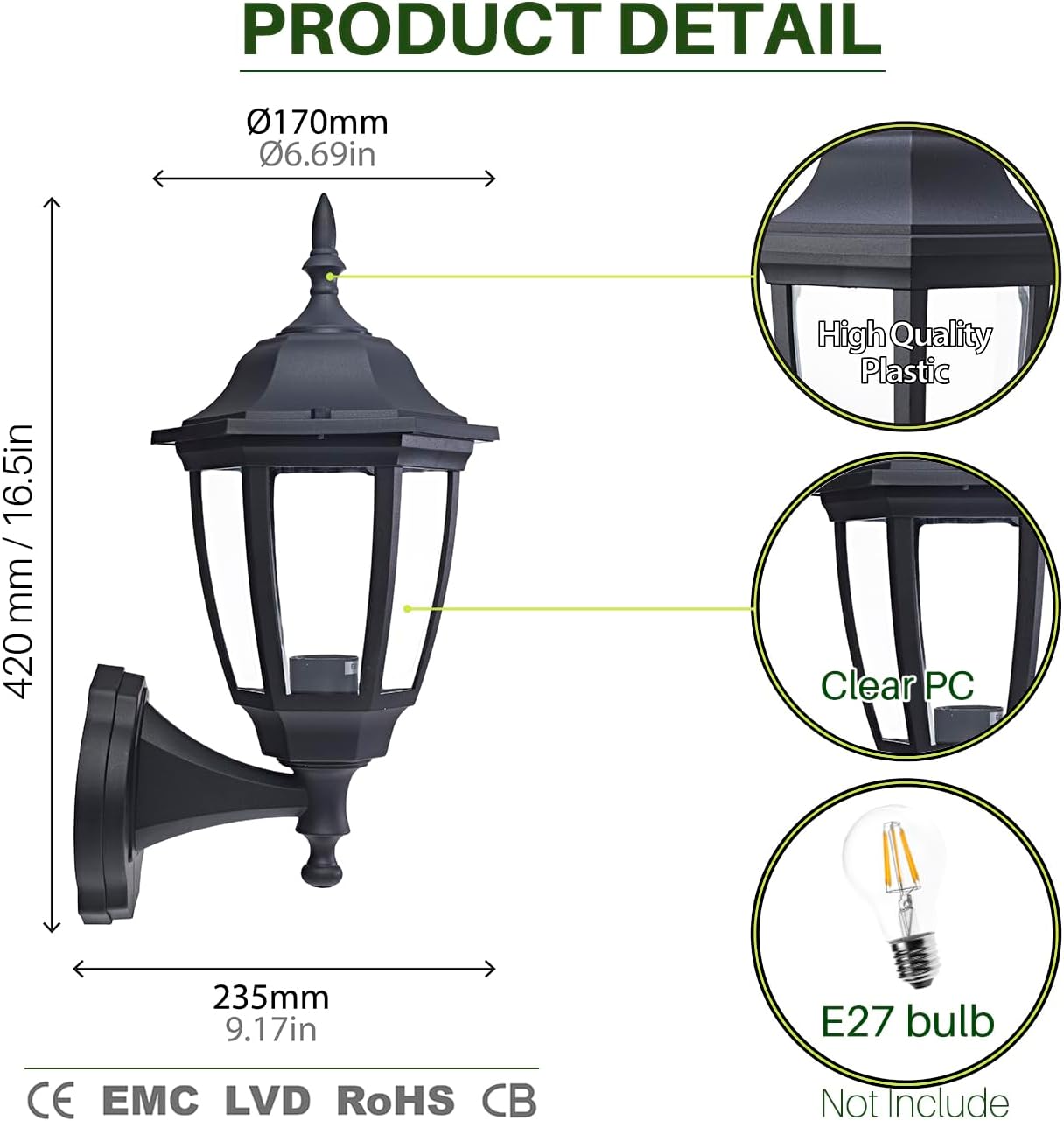 Detalle de EBION Applique Murale Extérieur E27 Classique – IP44, Noir
