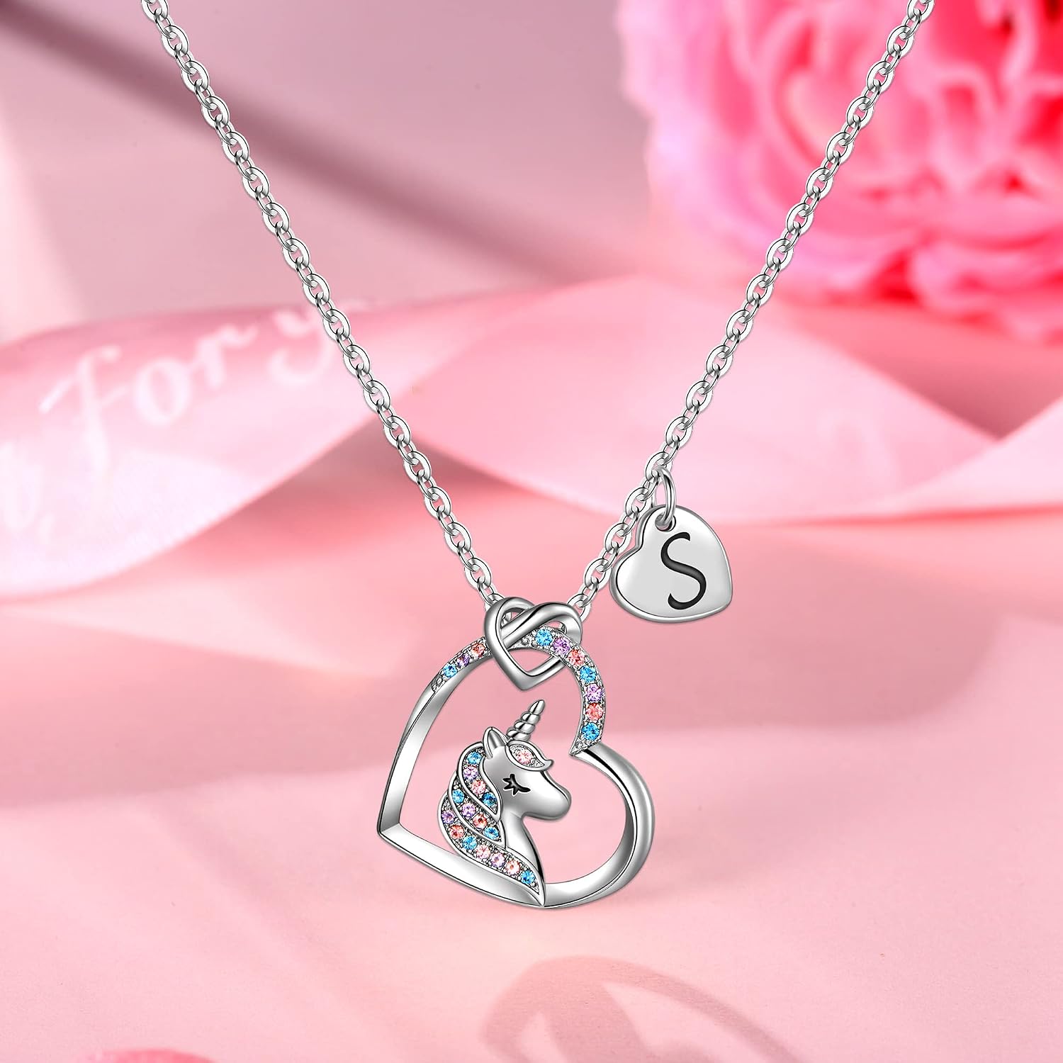 Thumbnail 6 de TINGN Einhorn-Kette für Mädchen mit Herz-Anhänger und Buchstaben, 14K Weißgold vergoldet, CZ – Ostergeschenk