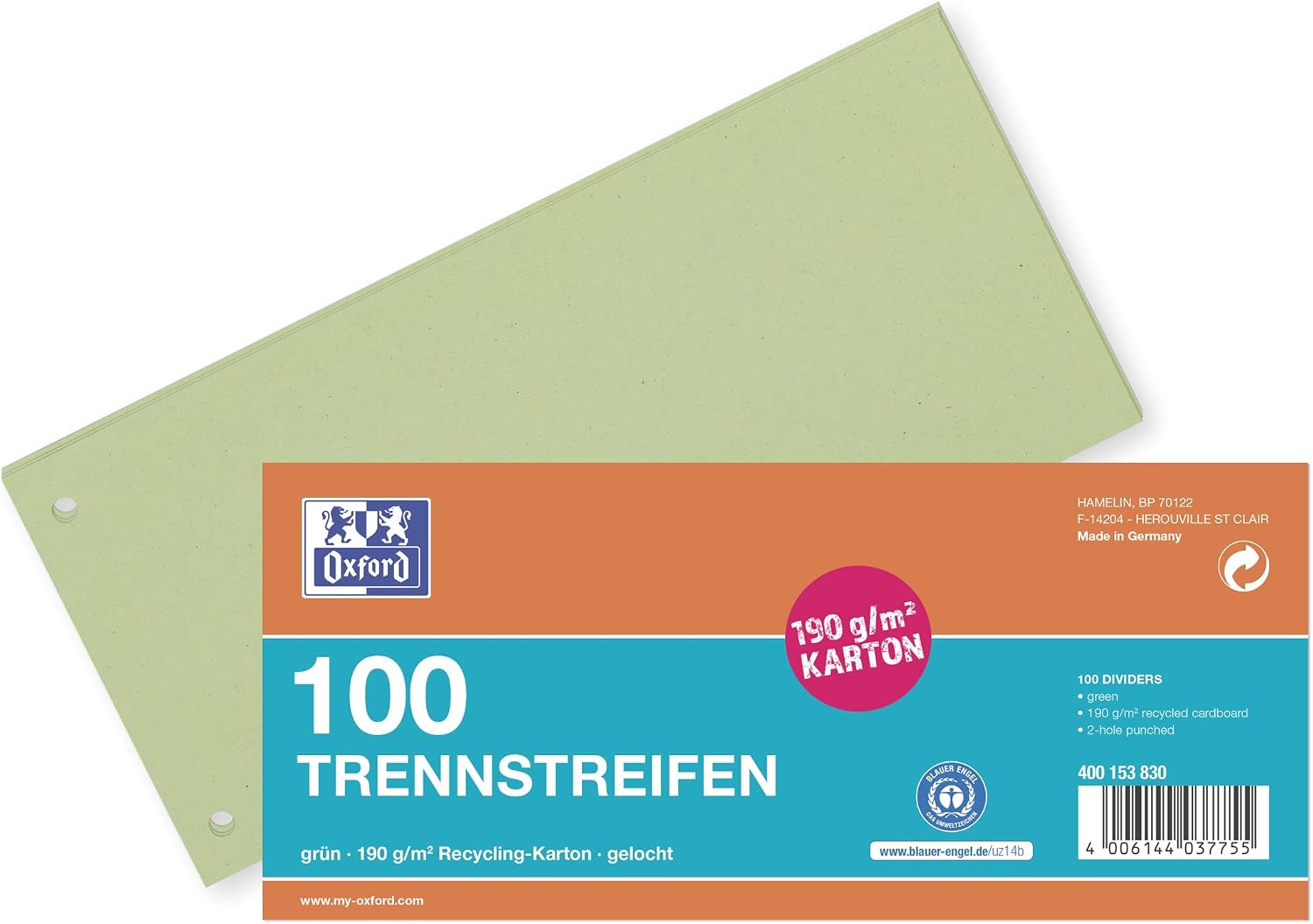 Thumbnail 1 de Oxford Trennstreifen aus Karton, gelocht, grün, 100 Stück (10,5 x 24 cm, 190 g/m²)